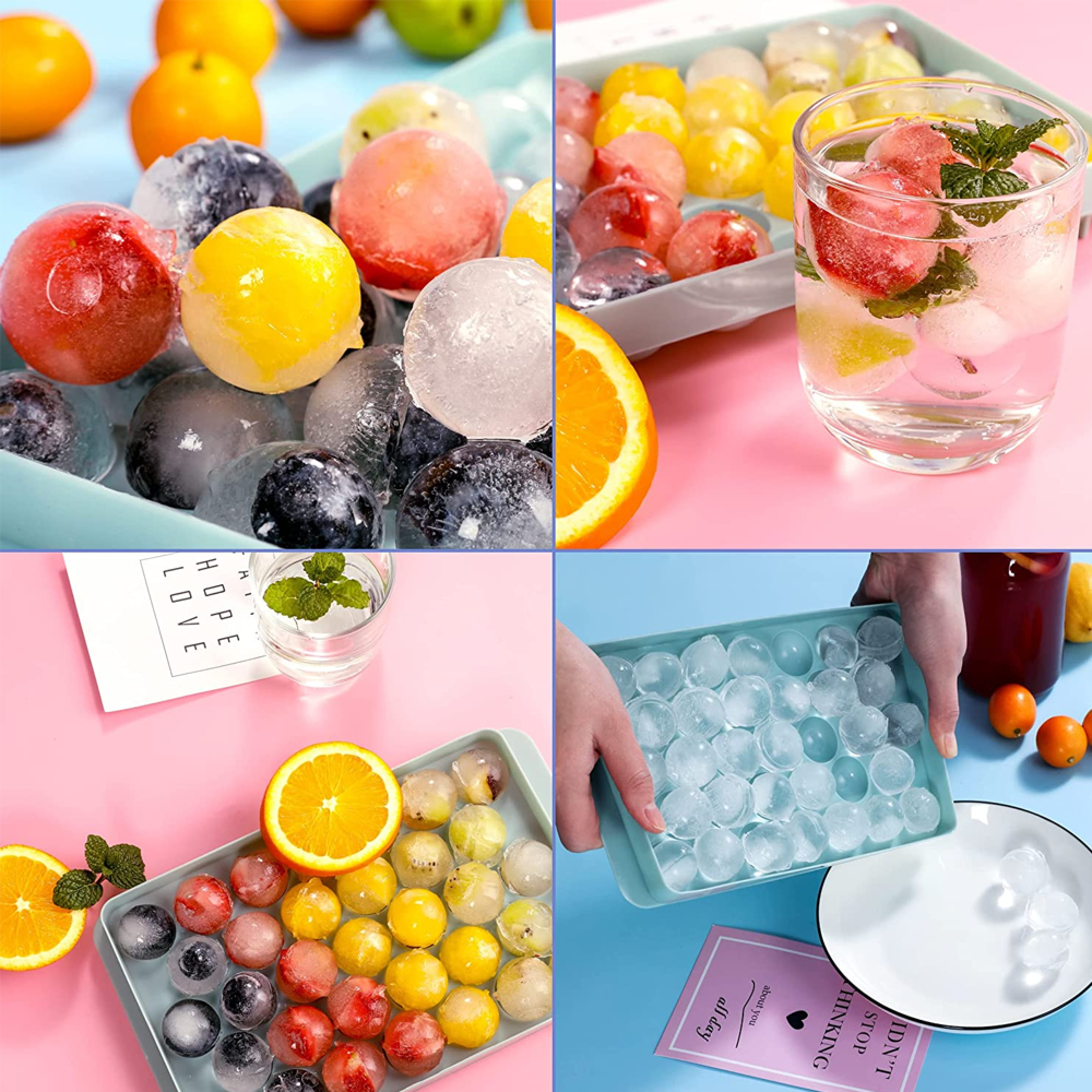 Vier Szenen zeigen bunte Fruchteiswürfel in Tabletts und einem Glas.