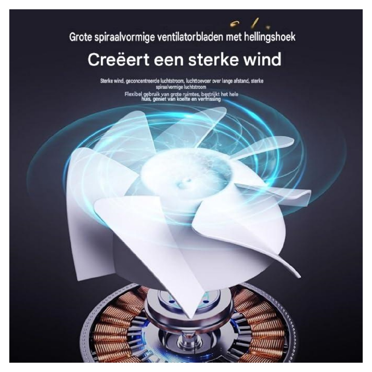 Ein weißer Ventilator mit spiralförmigen Blättern und Kupferwicklungen erzeugt starken Wind.