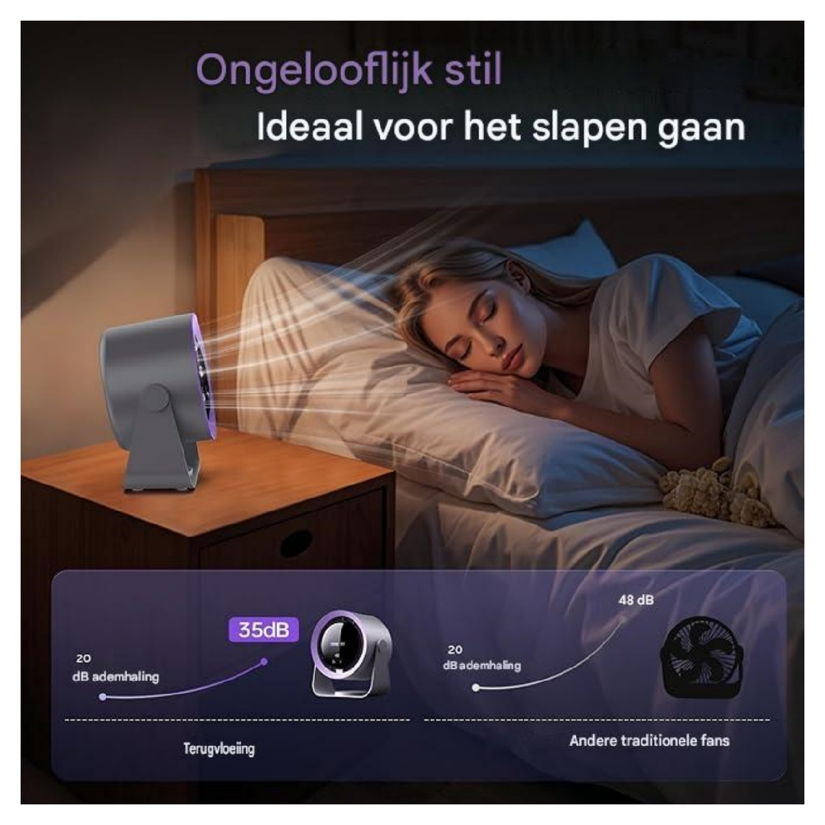 Eine Frau schläft neben einem leisen Ventilator auf einem Nachttisch.