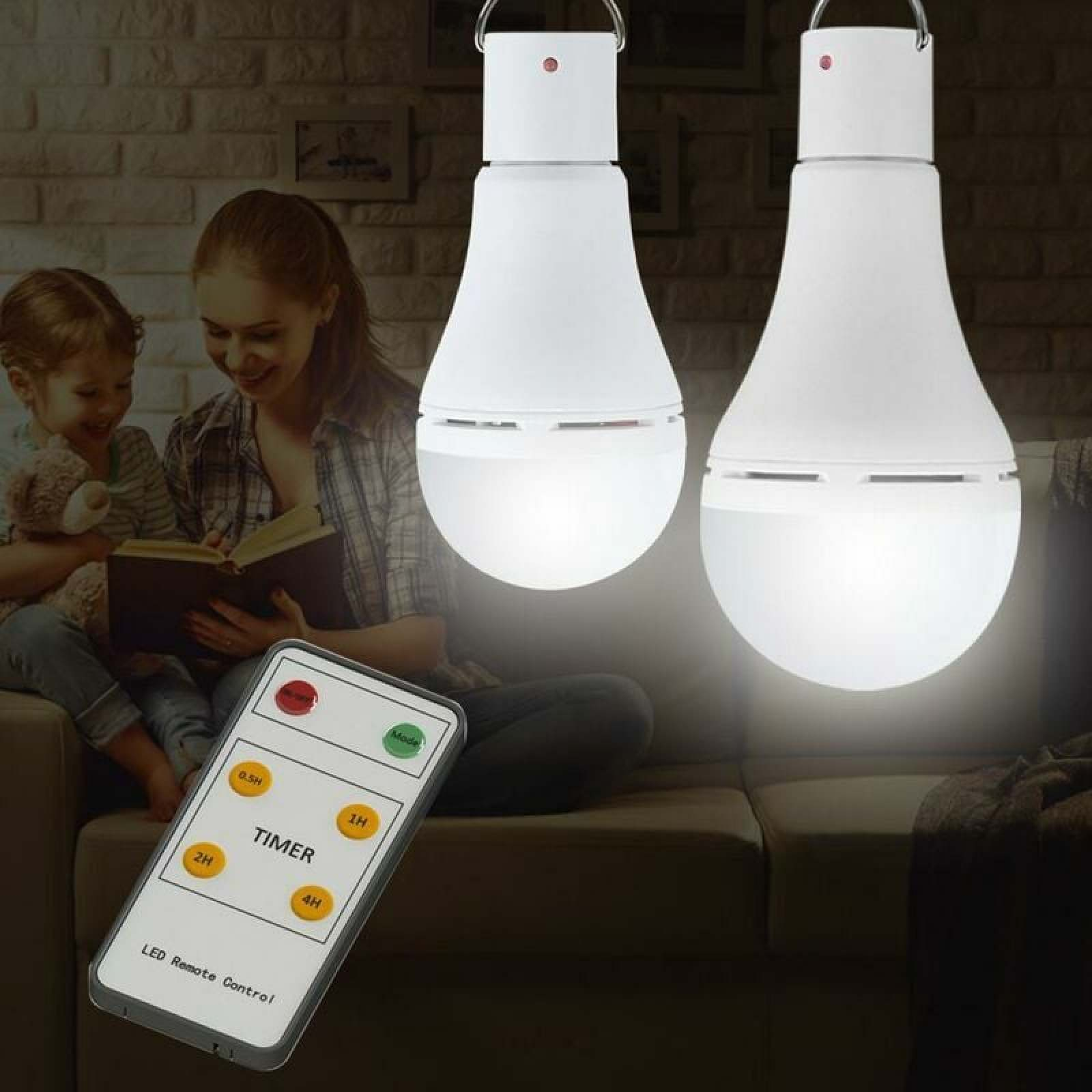 Eine Frau und ein Kind lesen ein Buch, zwei LED-Lampen hängen.