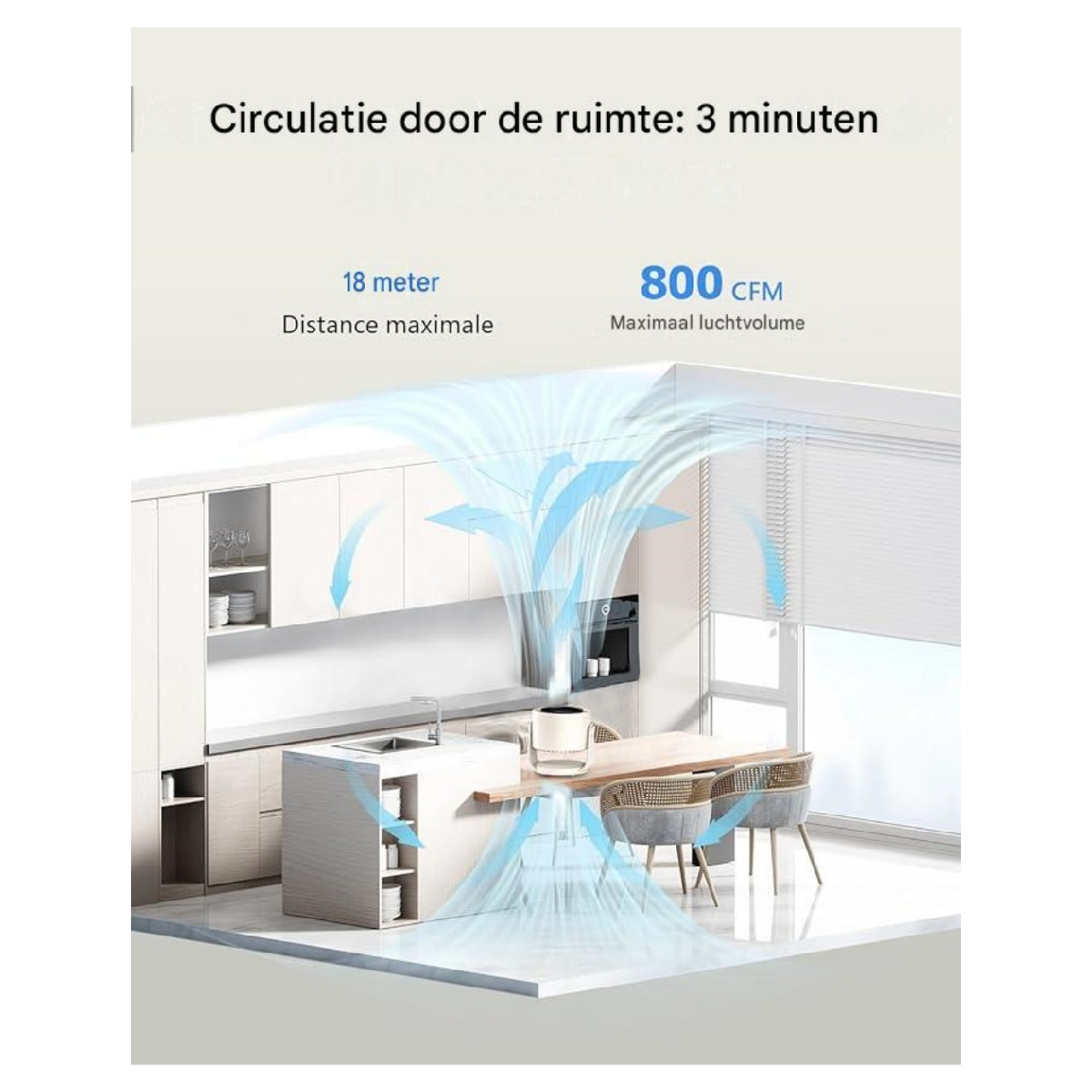 Ein Luftreiniger zirkuliert Luft in einer Küche mit 800 CFM.
