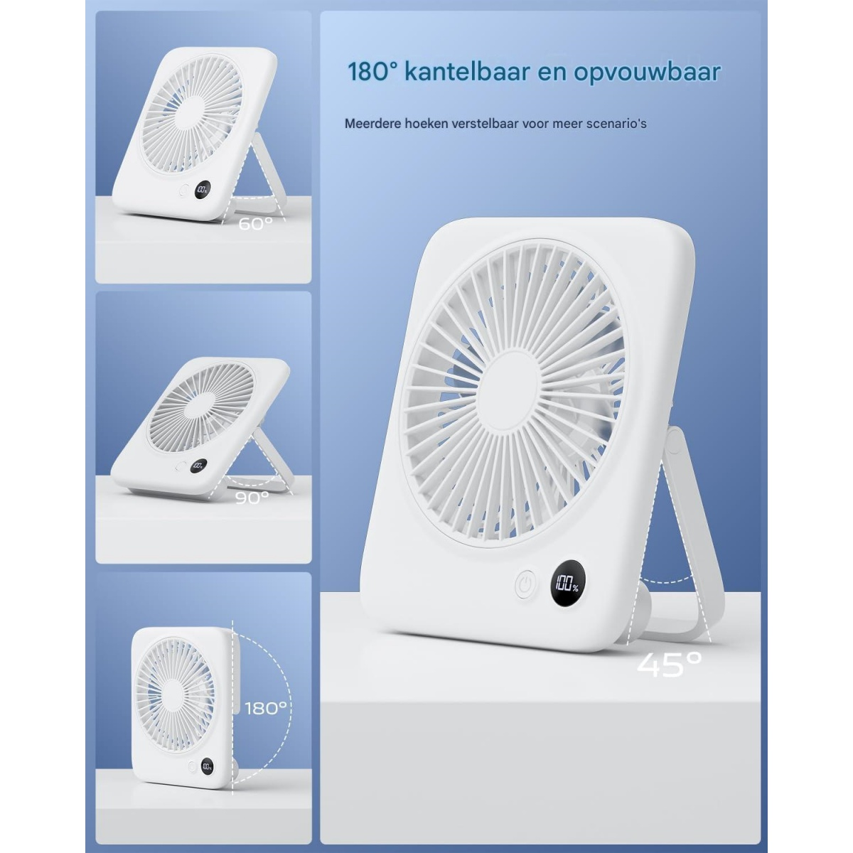 Ein weißer Ventilator mit einstellbaren Winkeln von 45°, 60°, 90° und 180°.