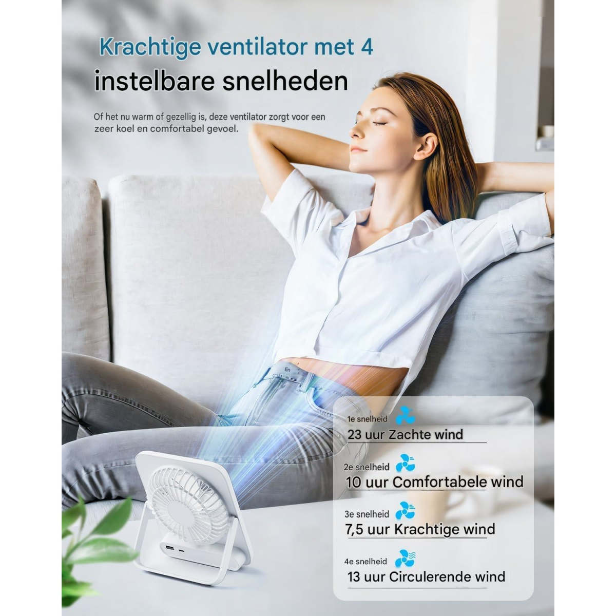 Eine Frau entspannt sich im Sitzen, während ein kleiner Ventilator auf einem Tisch steht.