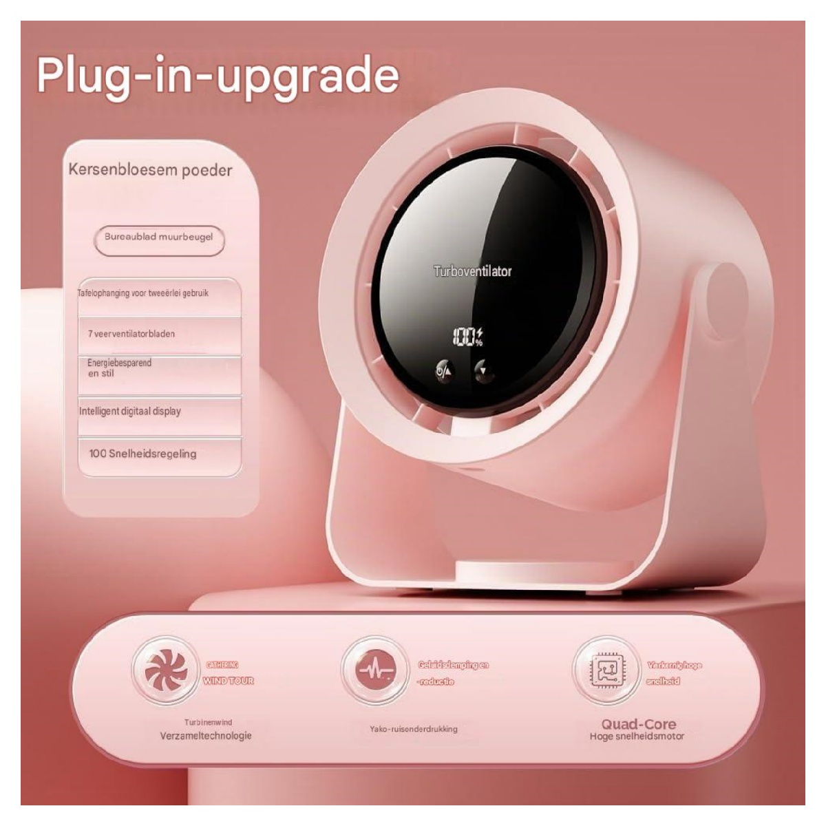 Ein rosafarbener Turboventilator mit digitalem Display und Funktionen wie 100 Geschwindigkeitsregelung.