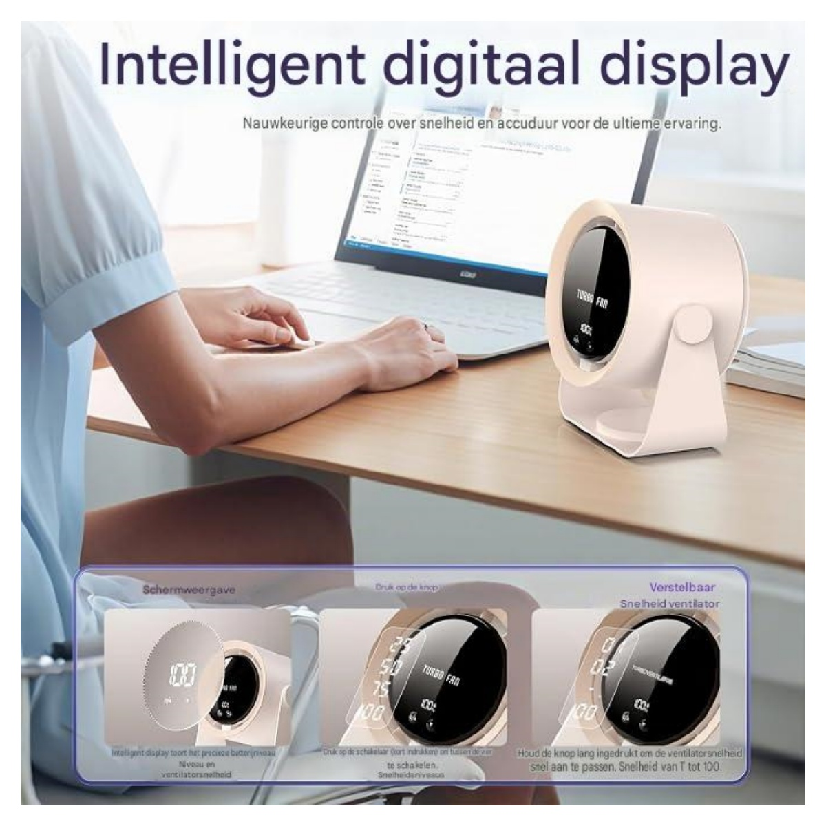 Ein weißer Ventilator mit digitalem Display steht neben einem Laptop auf einem Holztisch.