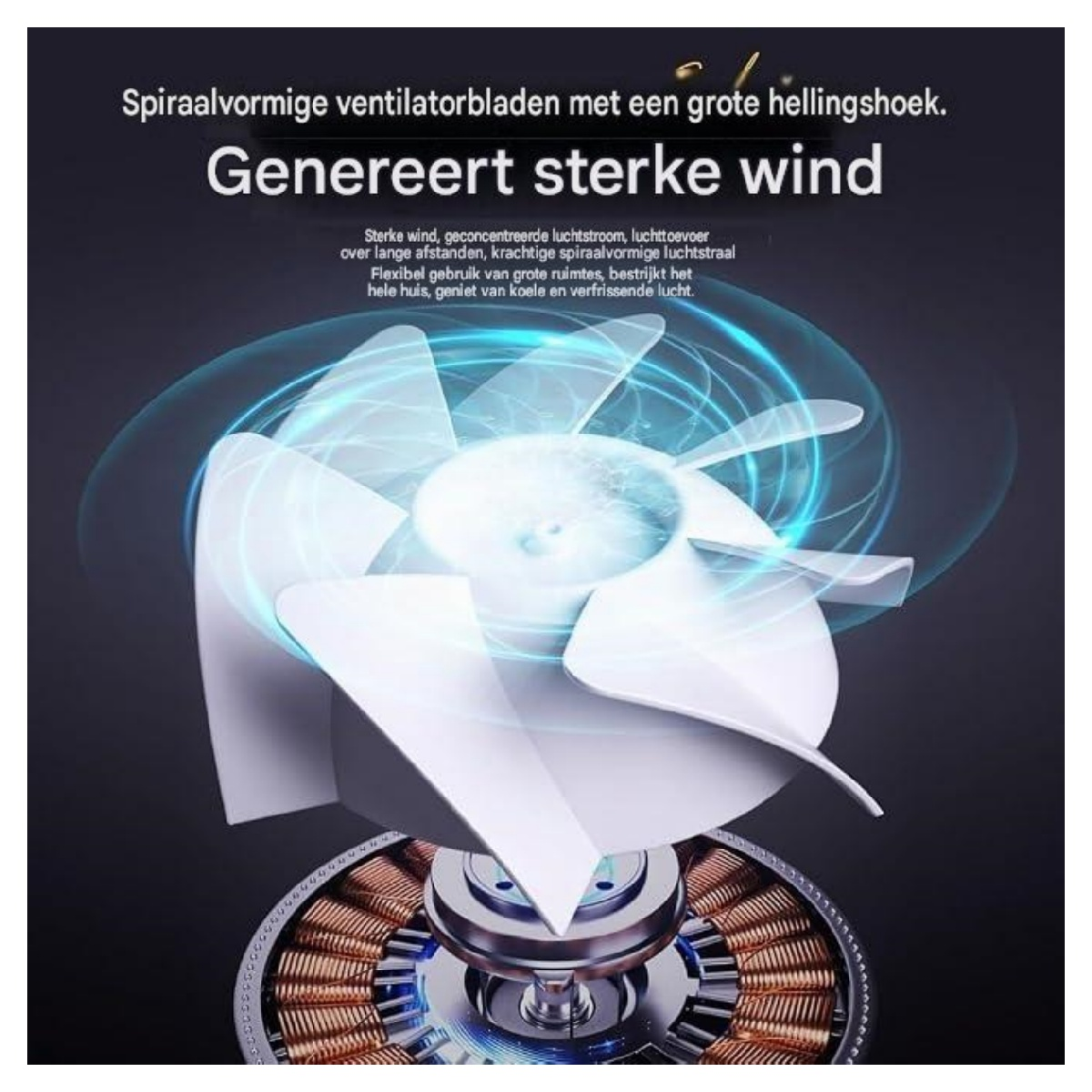 Ein weißer Ventilator mit spiralförmigen Blättern erzeugt starken Wind.
