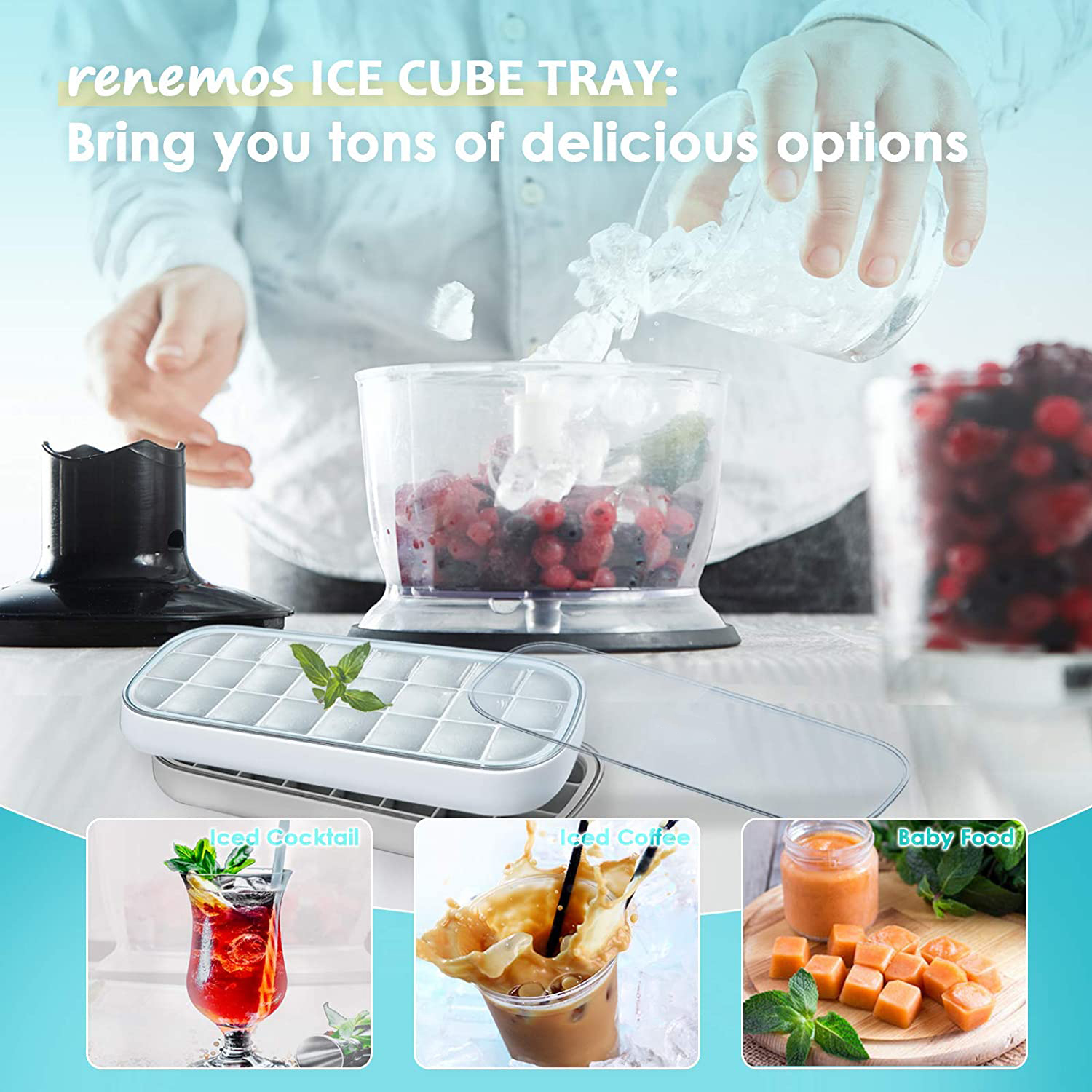 Eiswürfelform mit Früchten, Cocktails, Kaffee und Babynahrung.