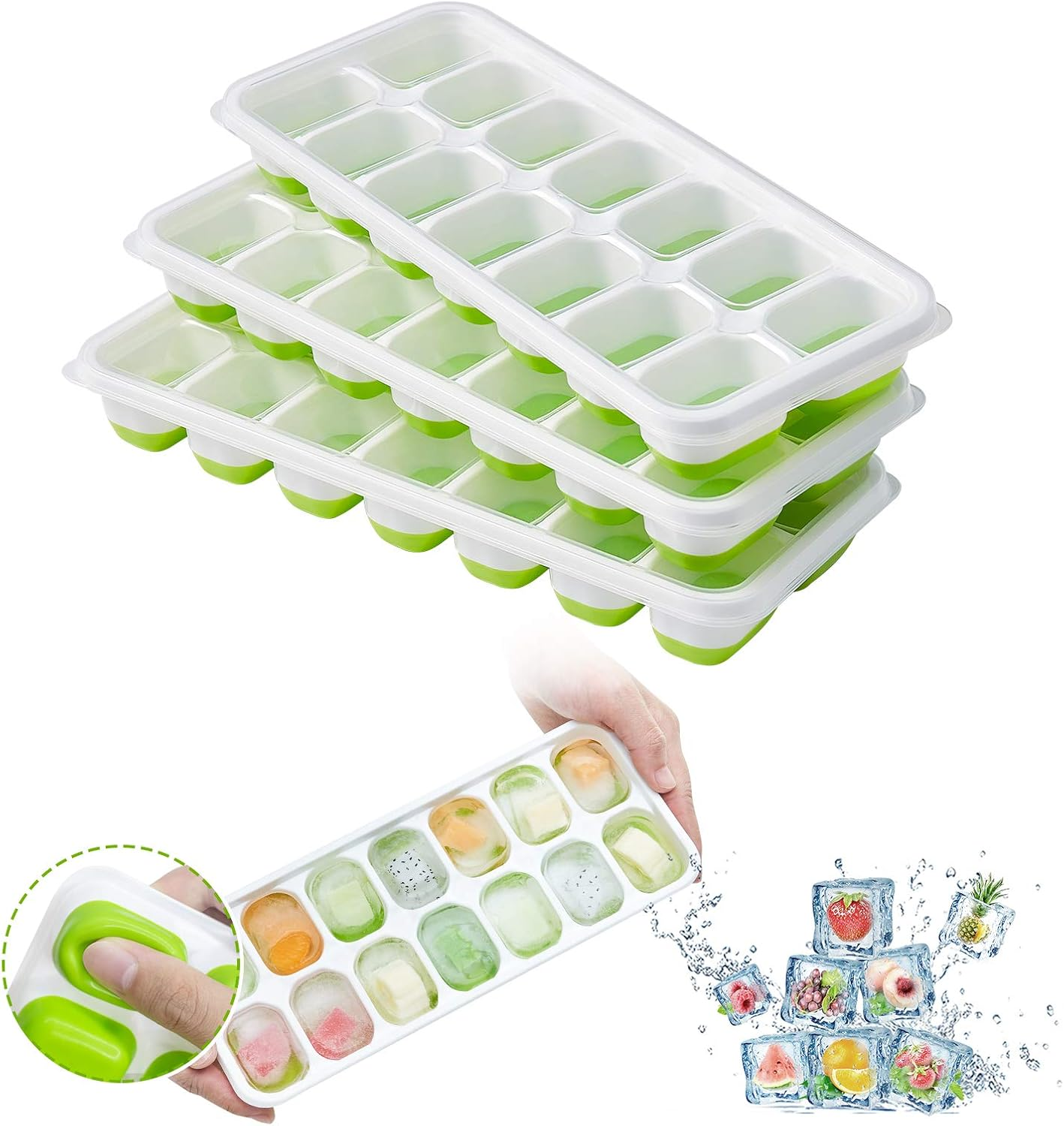 Stapel grün-weißer Eiswürfelformen. Hand drückt Würfel aus einer Form. Fruchteiswürfel.