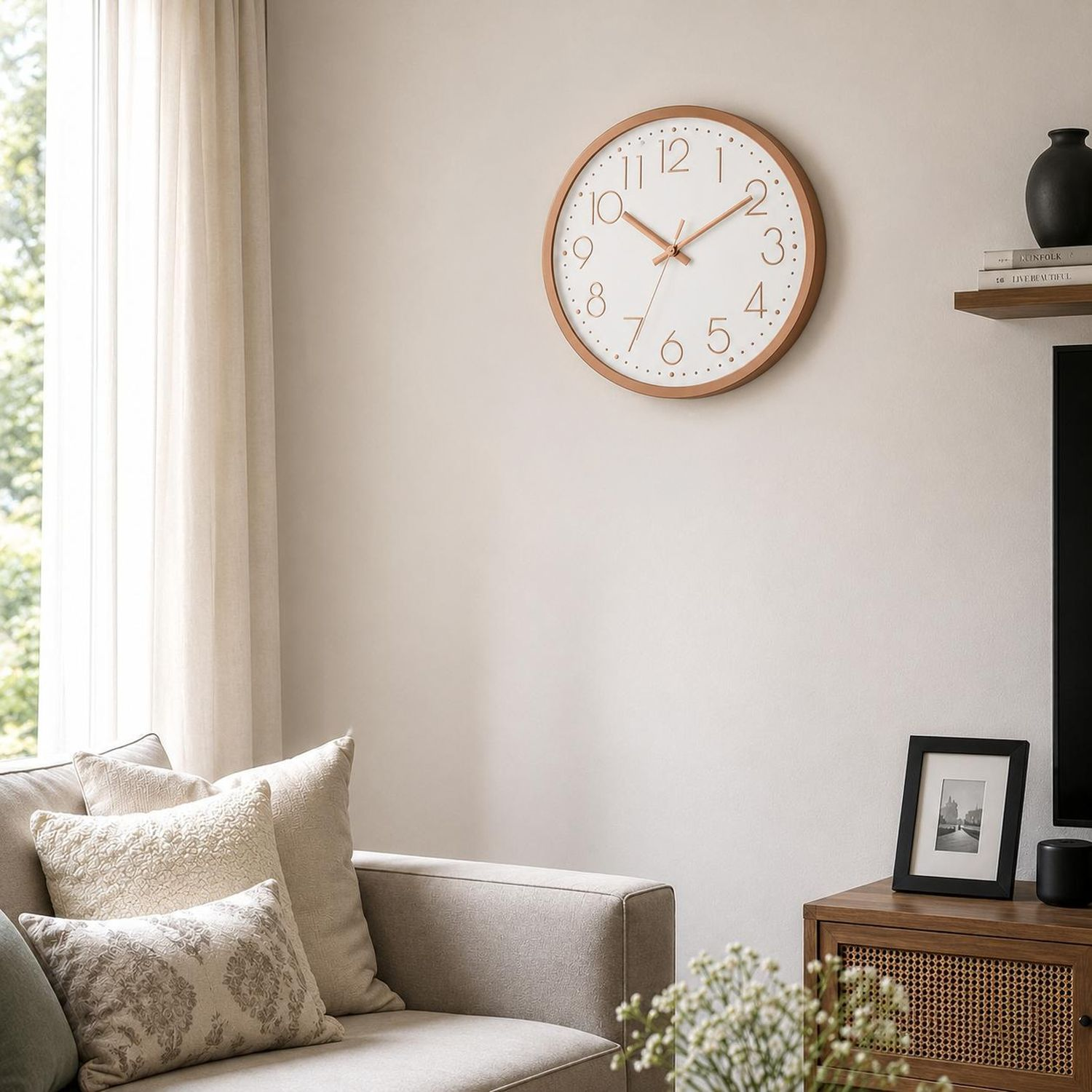 Ein Wohnzimmer mit Sofa, Uhr, Holzmöbeln und einem Fenster mit Vorhang.