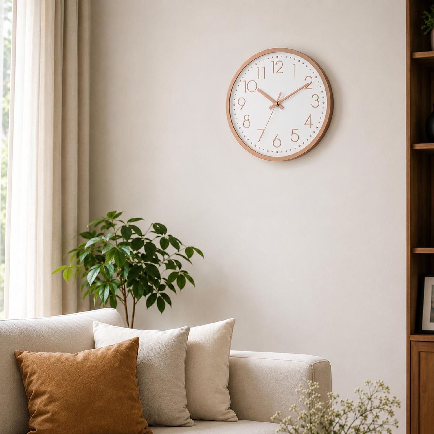 Eine runde Wanduhr mit hellem Holzrahmen hängt über einem Sofa.