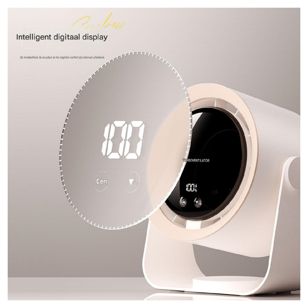 Ein weißer Ventilator mit digitaler Anzeige von 100% und "TURBOVENTILATOR".