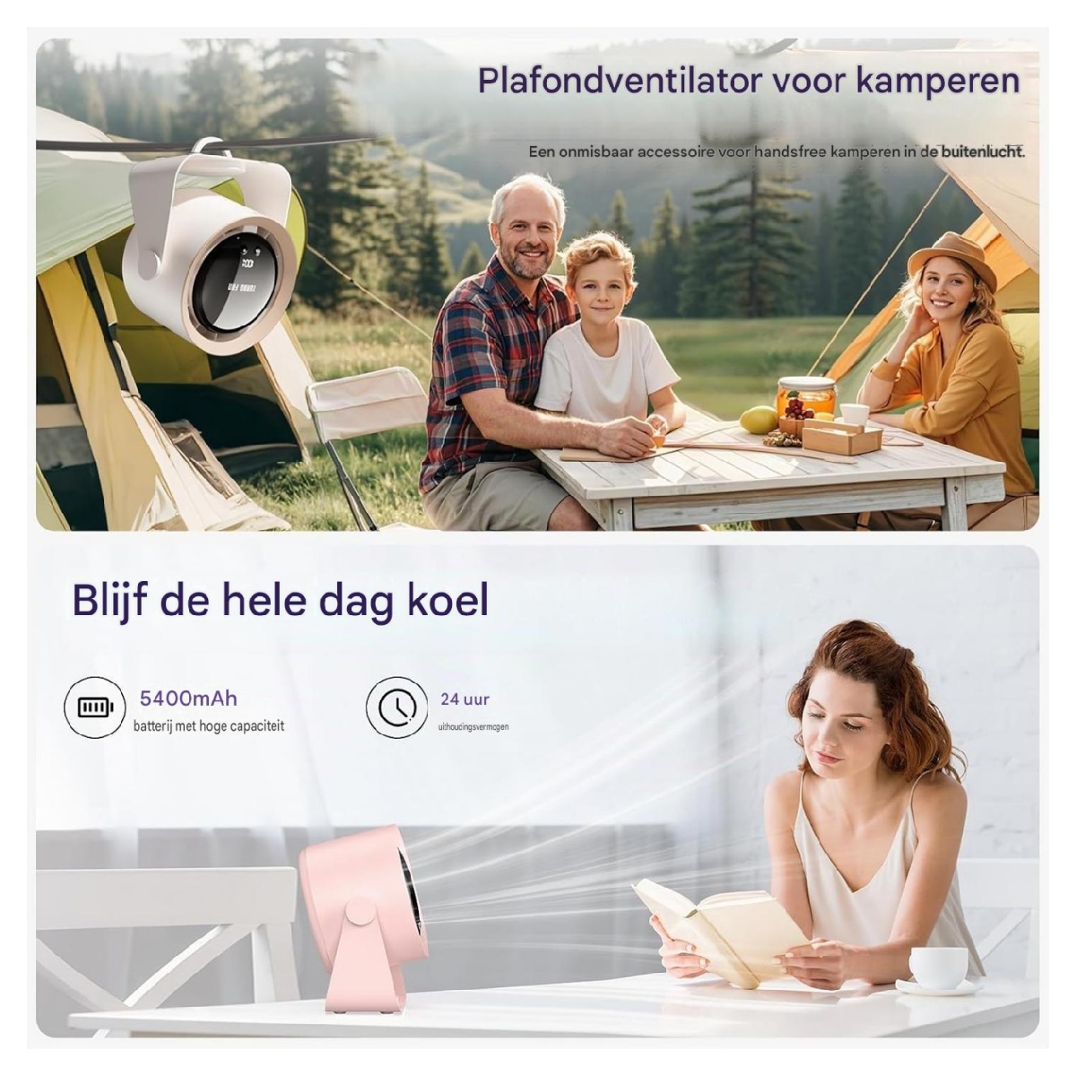 Eine Familie campt, ein Ventilator hängt im Zelt. Unten liest eine Frau.