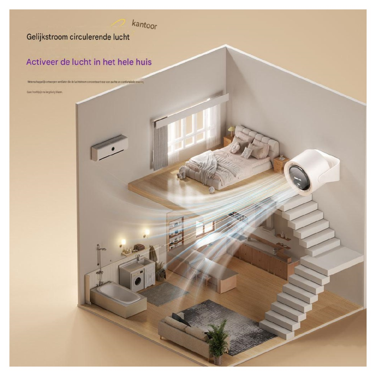 Ein modernes Haus mit einem Ventilator, der Luft zirkuliert. Schlafzimmer, Bad und Wohnbereich sind sichtbar.