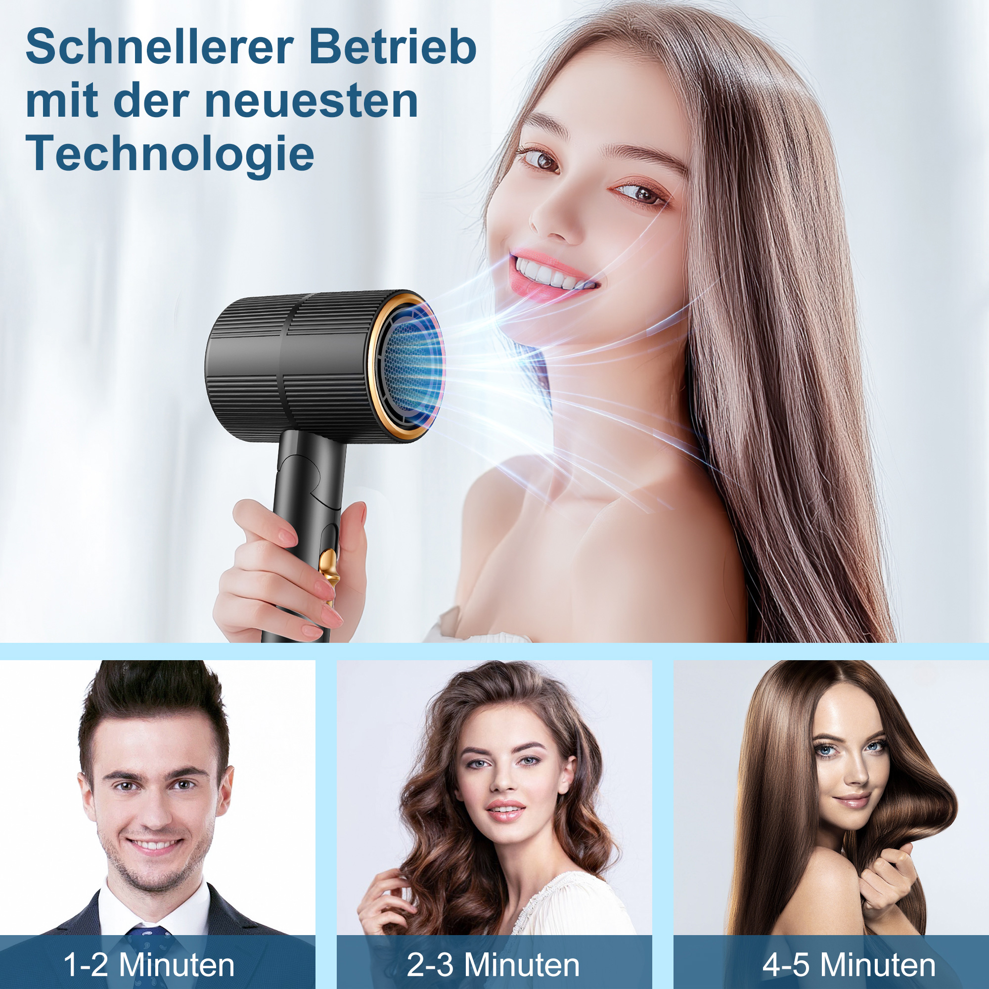 Haartrockner mit blauen Luftstromstrahlen, die auf ein lächelndes Gesicht gerichtet sind.