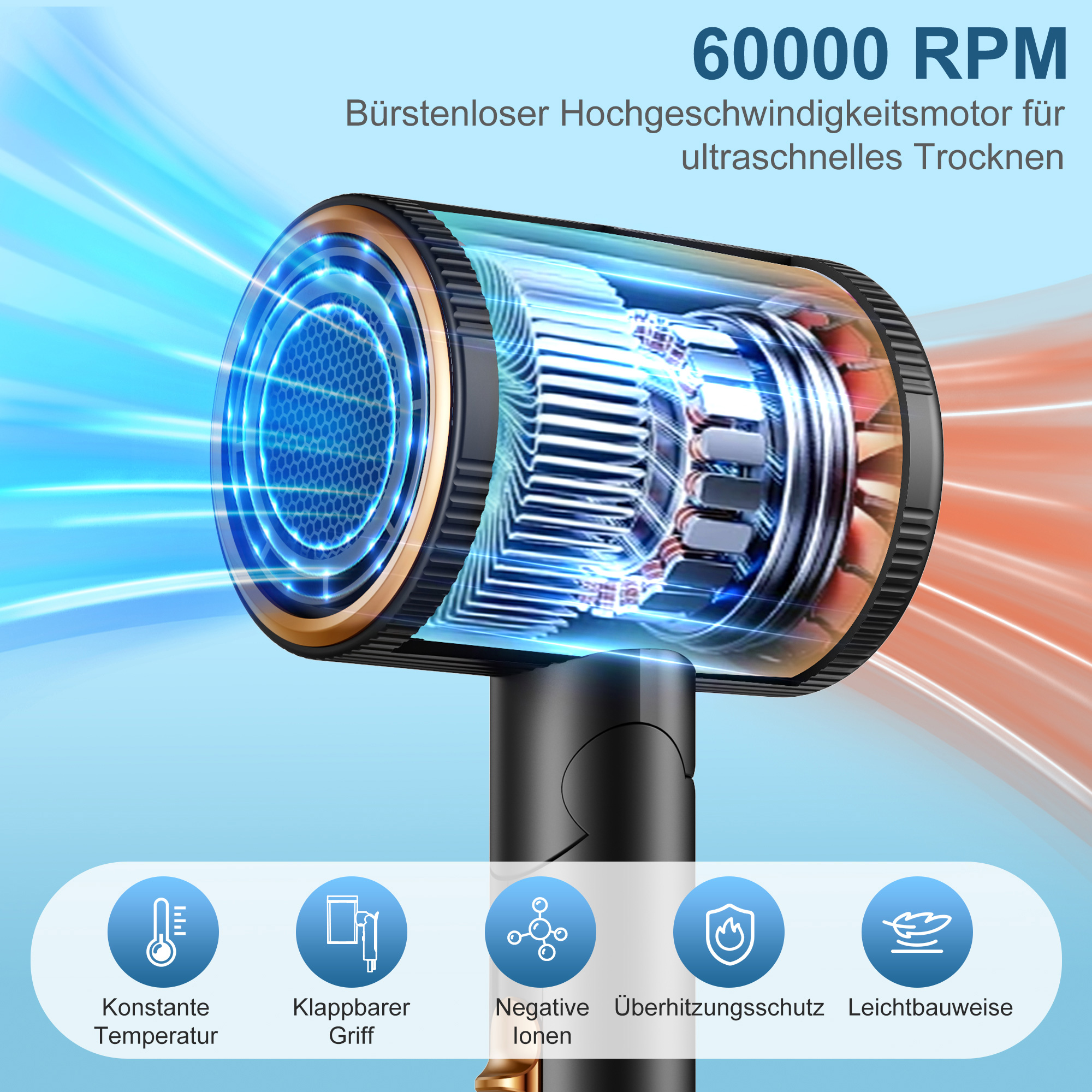 Ein hochdrehender Motor mit Luftstrom und Icons für Funktionen.