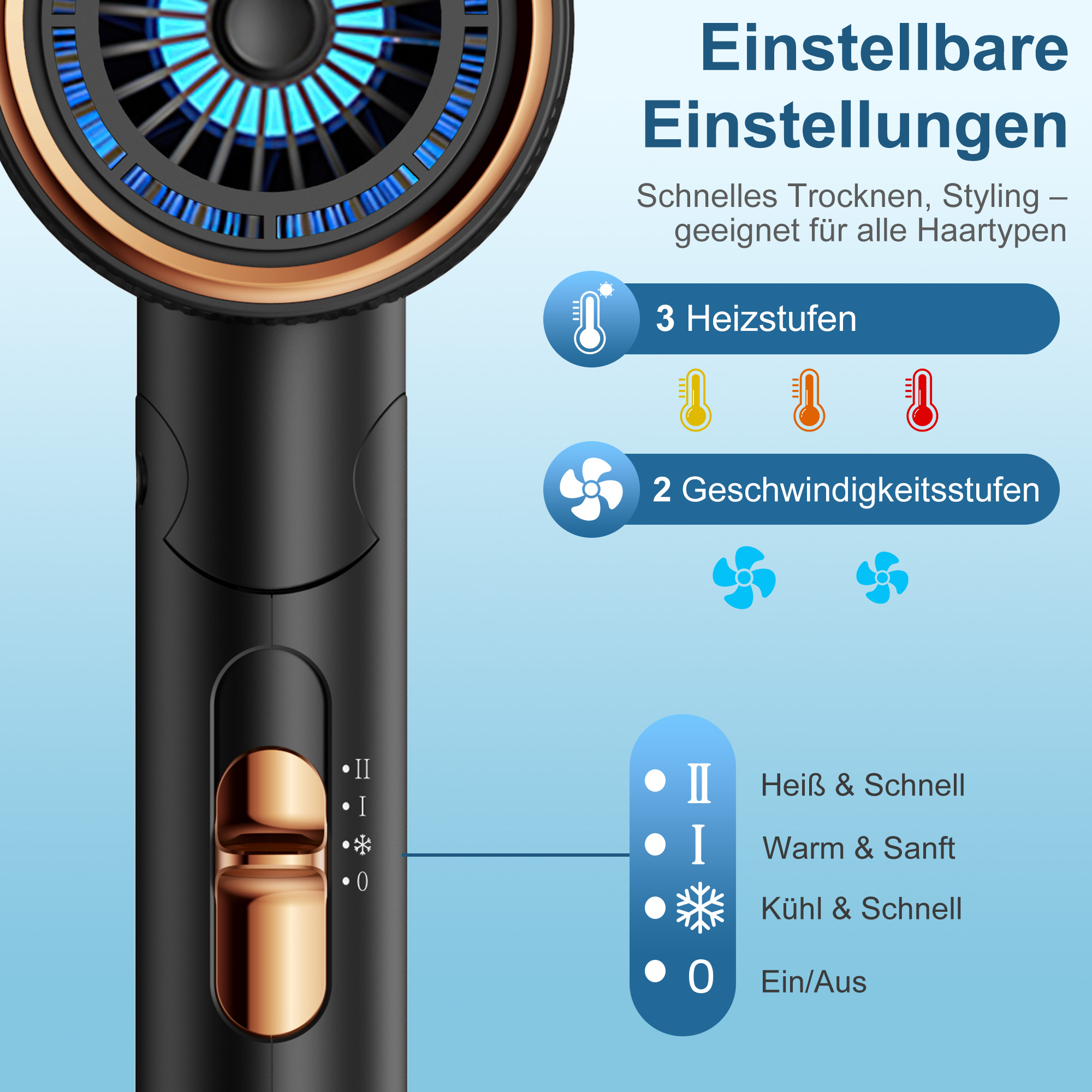 Ein schwarzer Föhn mit goldenen Akzenten und Bedienelementen, mit blauen Lufteinlässen.