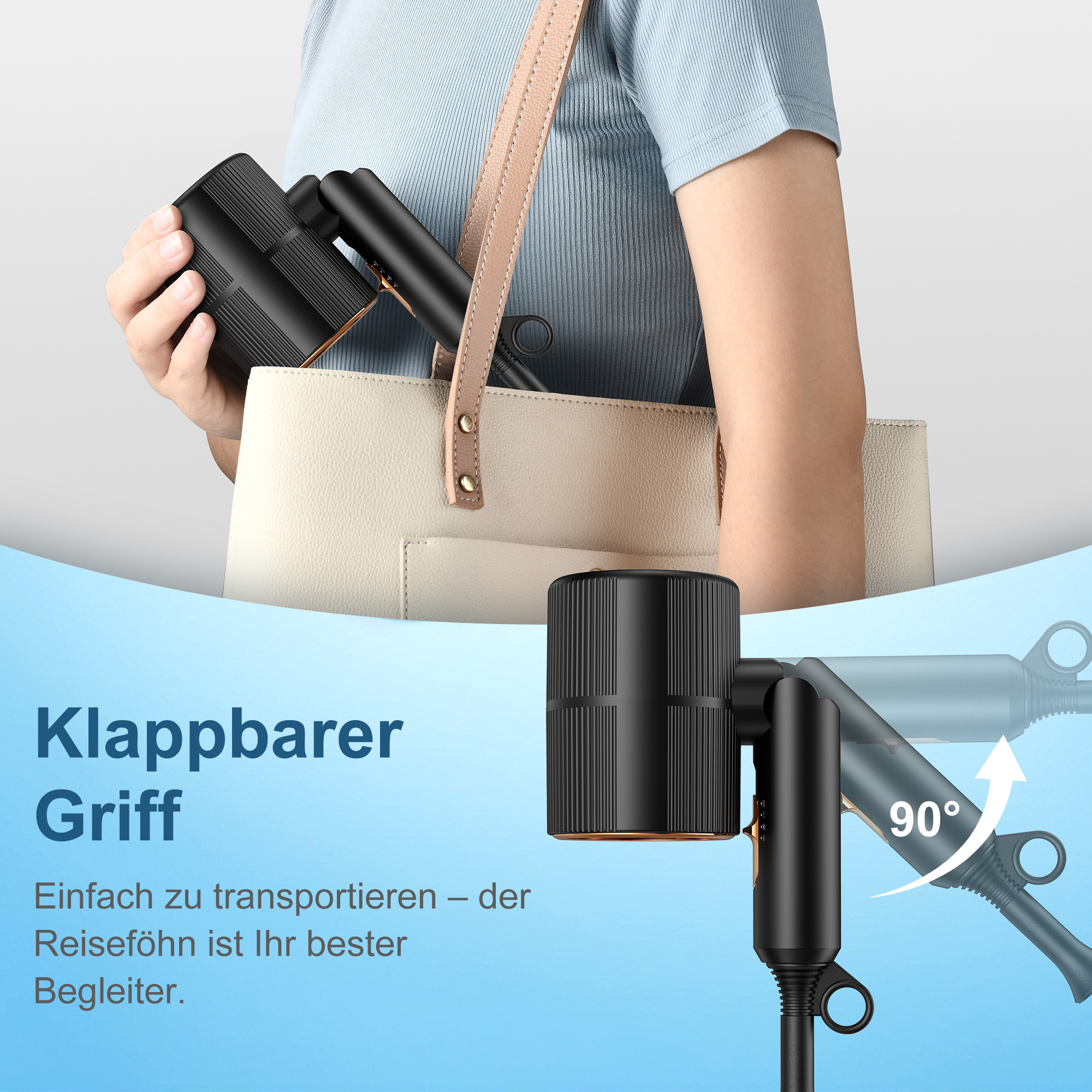 Schwarzer faltbarer Föhn wird in eine beige Tasche gelegt. 90-Grad-Faltung.