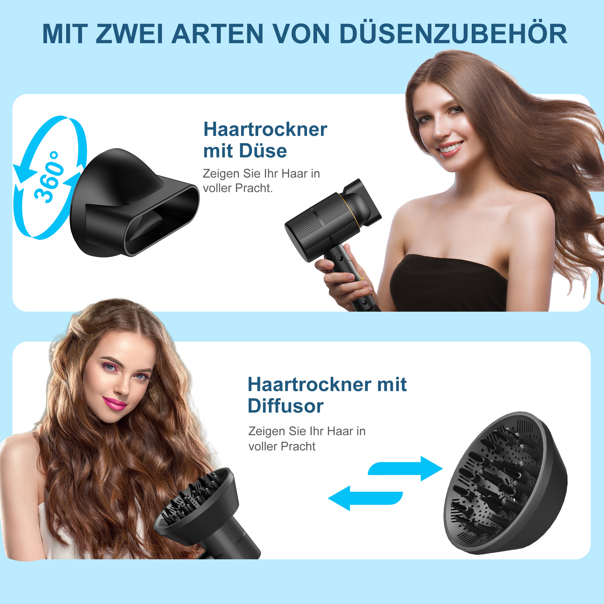 Haartrockner mit Düse und Diffusor, mit Frauen und deren Haar.