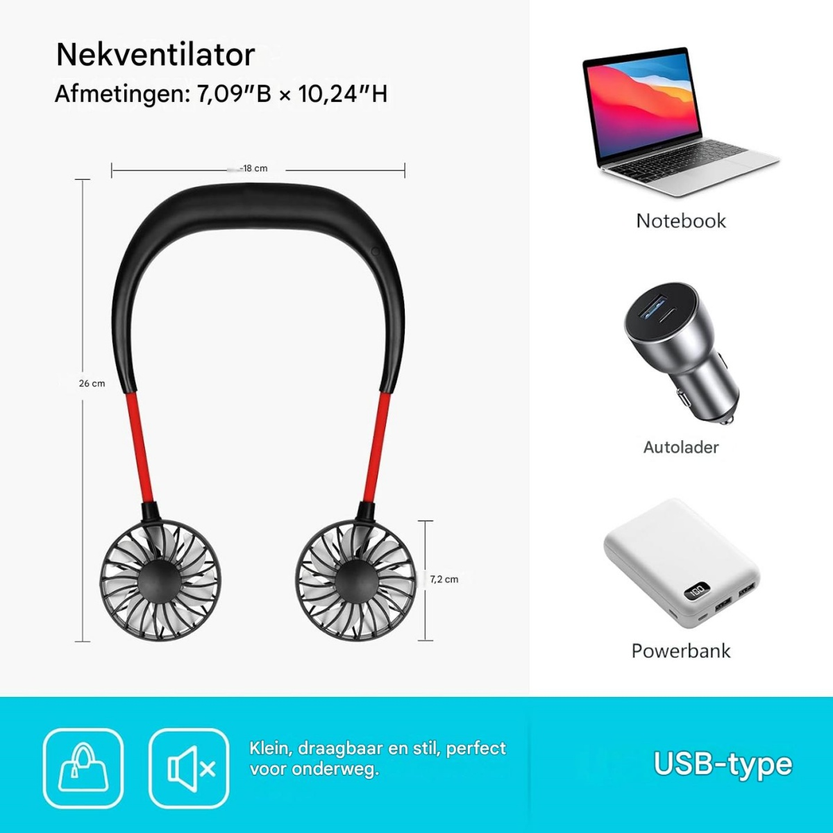 Halsventilator mit zwei Lüftern, Notebook, Autoladegerät und Powerbank.