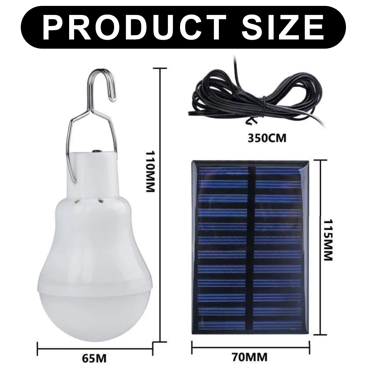 Größenangabe für eine weiße Glühbirne mit Haken, ein schwarzes Kabel und ein Solarpanel.