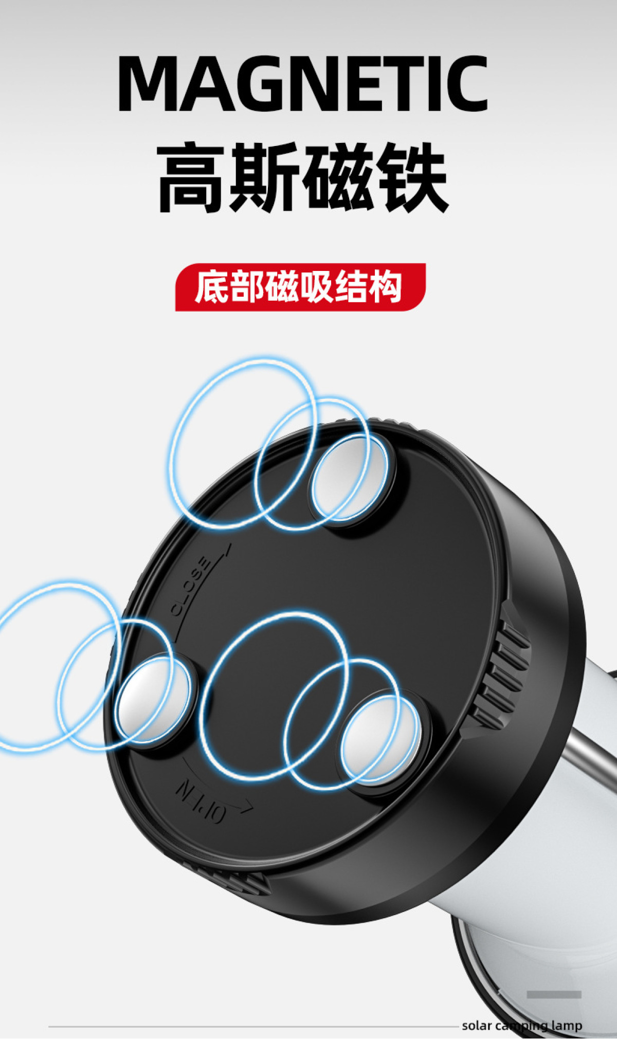 Schwarzer magnetischer Lampenkopf mit blauen Ringen, Text auf Chinesisch und Englisch.