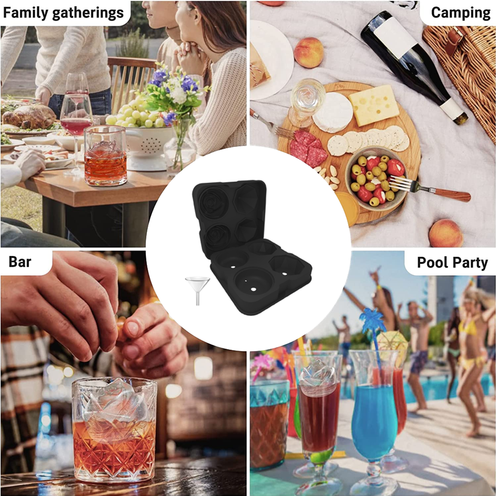 Vier Szenen: Familie beim Essen, Picknick, Eiswürfelform und Poolparty.