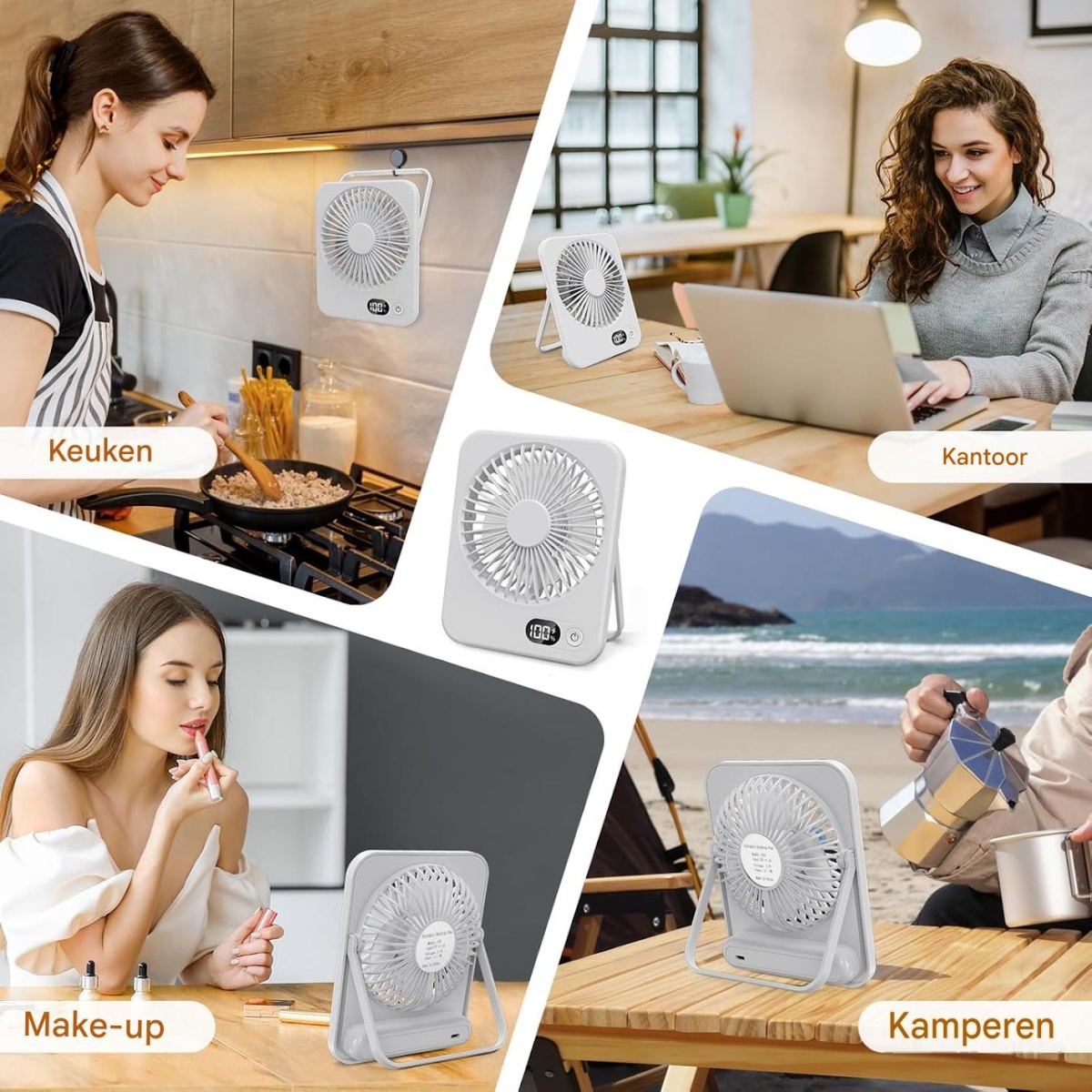 Collage zeigt einen Ventilator in verschiedenen Szenarien: Kochen, Büro, Make-up, Strand und Camping.