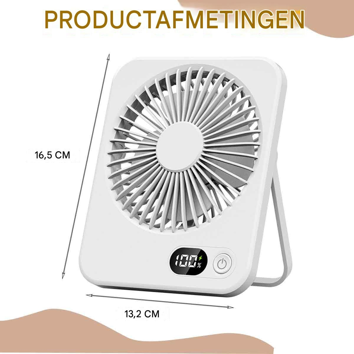 Ein weißer Tischventilator mit einem digitalen Display, das 100 % anzeigt.