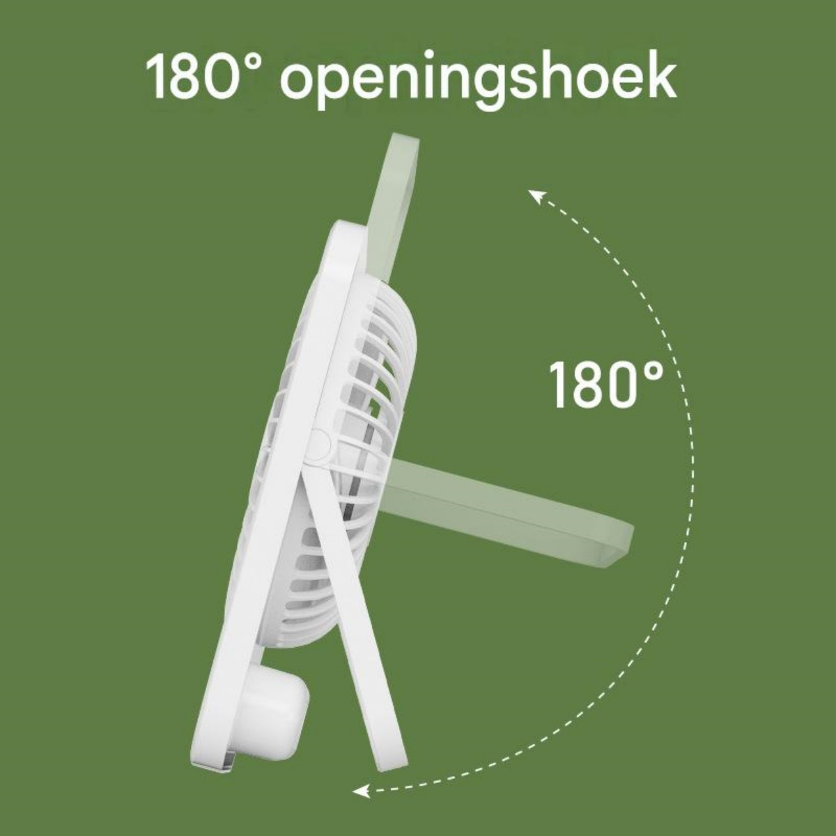 Weißer Ventilator mit Ständer, zeigt 180° Öffnungswinkel.