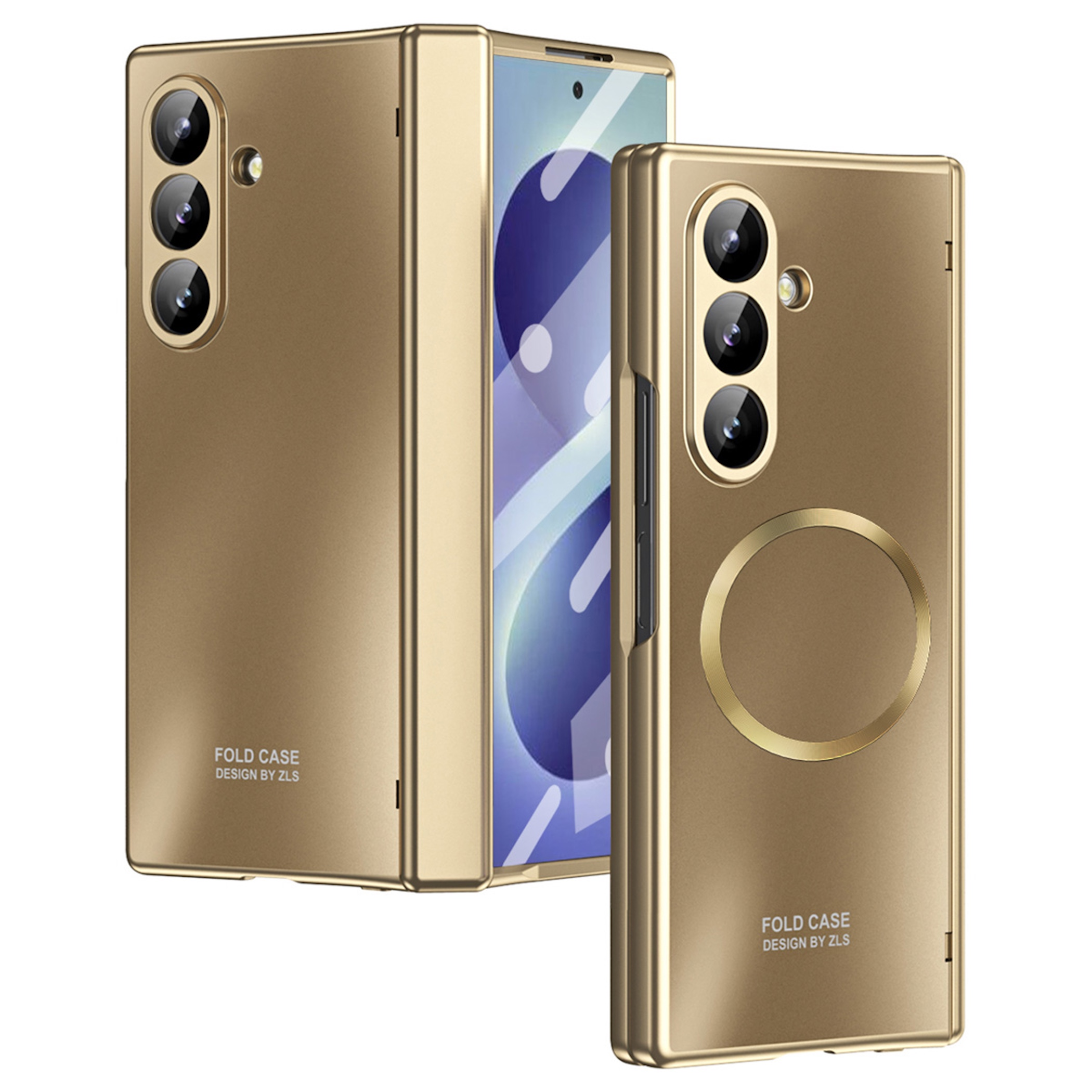 Funda dorada para teléfono con tres cámaras y un anillo circular.