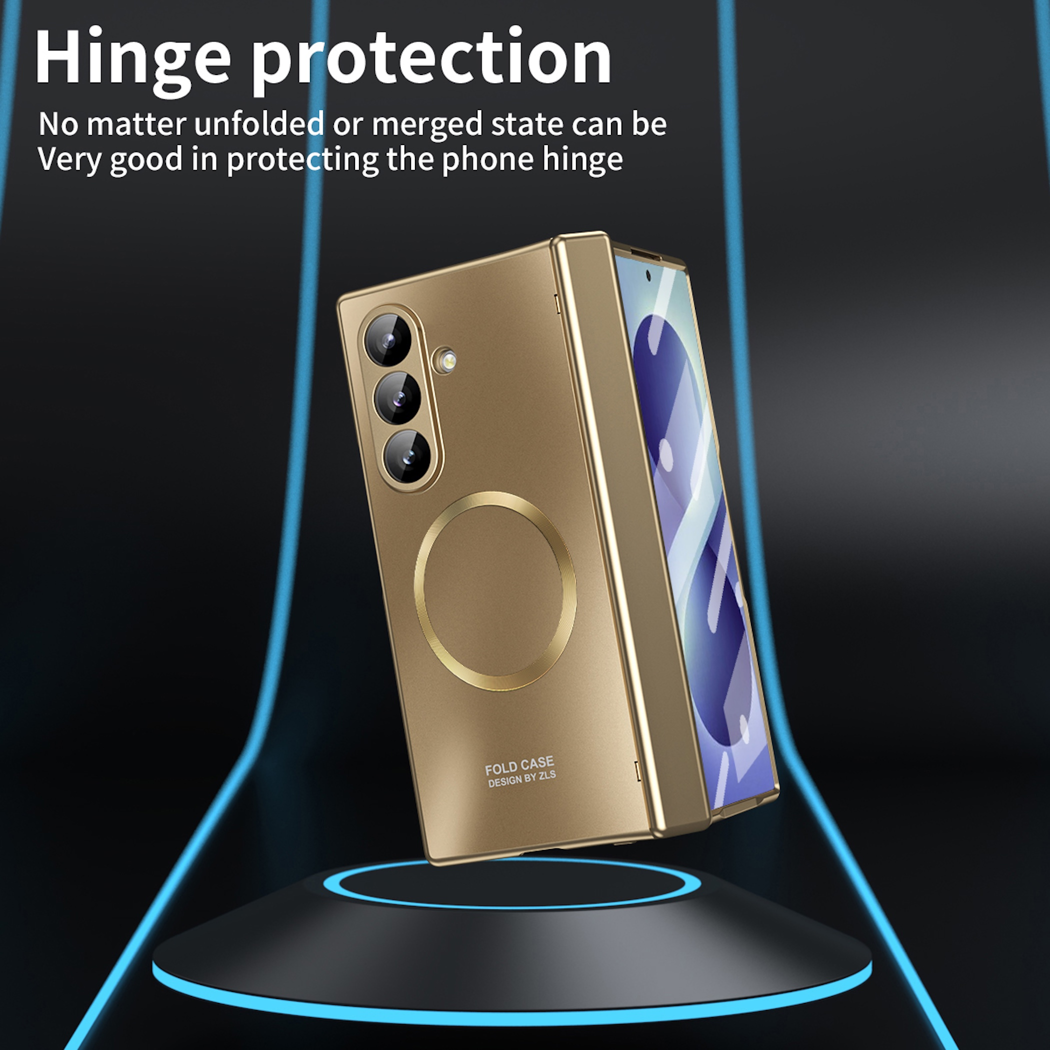 Funda dorada para teléfono plegable con cámaras y anillo magnético.