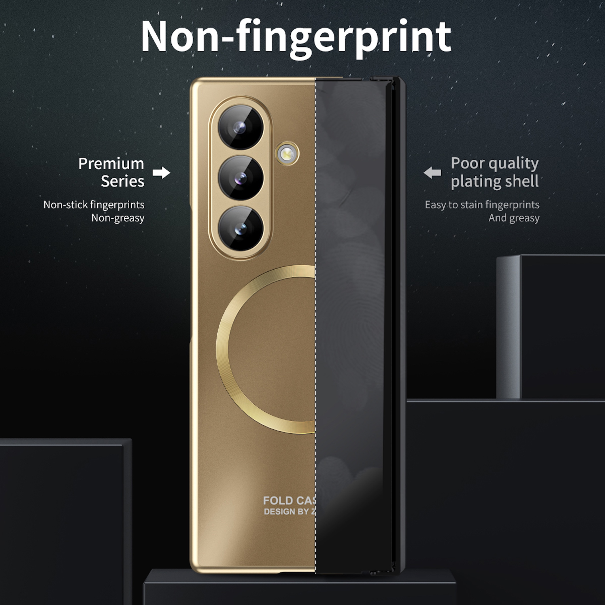 Funda dorada para teléfono con tres cámaras y círculo; al lado de una funda negra.