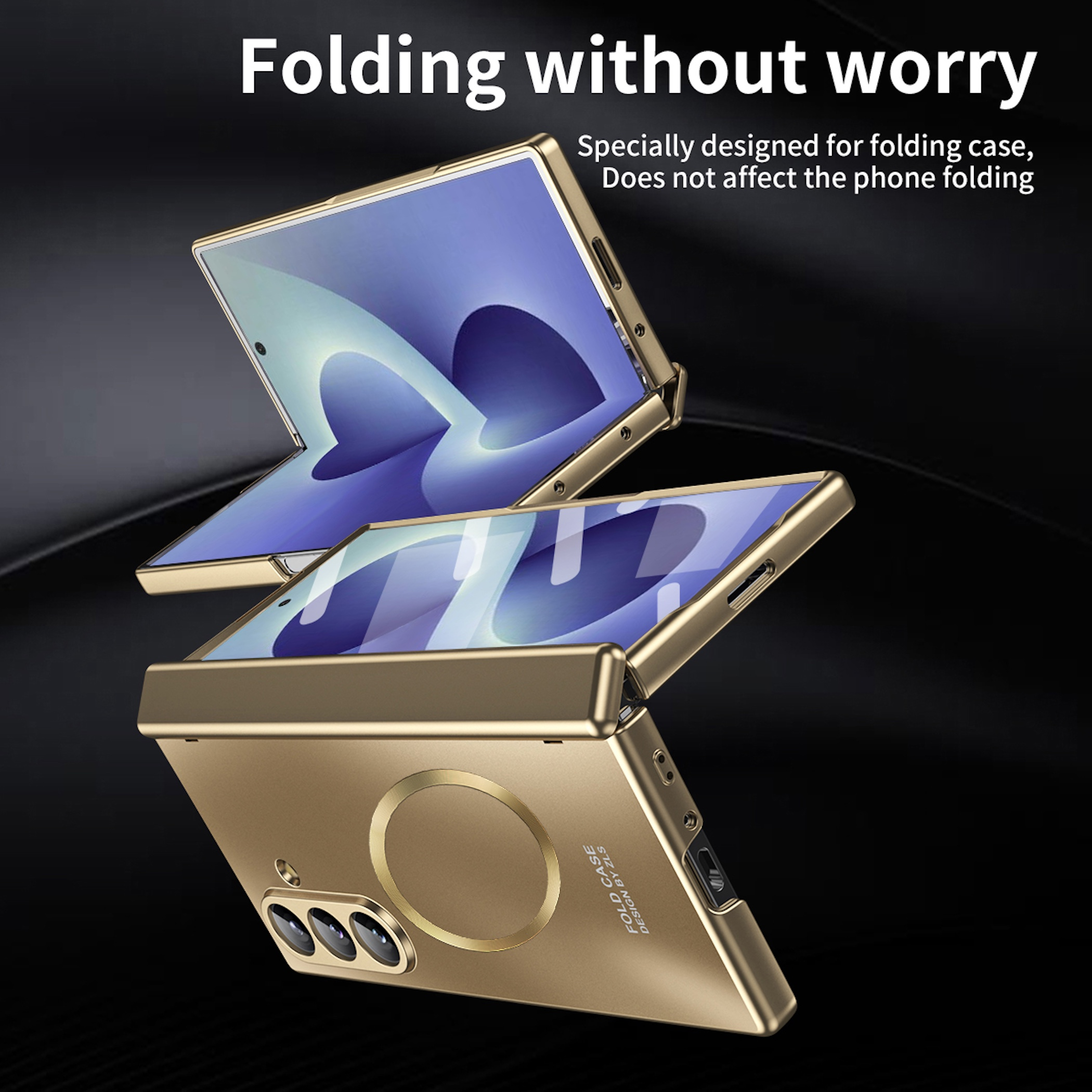 Funda dorada para teléfono plegable con sistema de triple cámara.