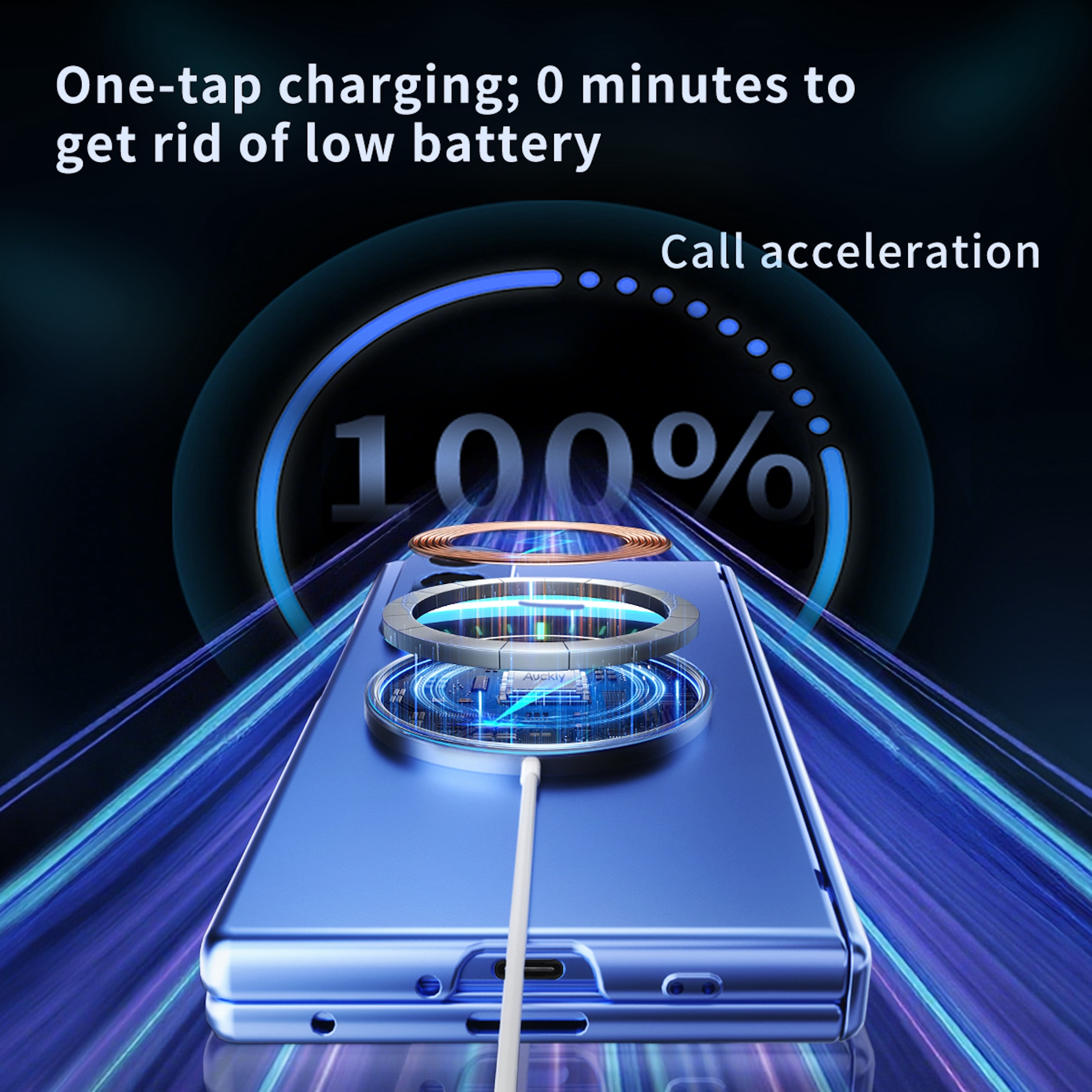 Smartphone azul cargando inalámbricamente, 100% batería mostrada. Efecto líneas de velocidad.