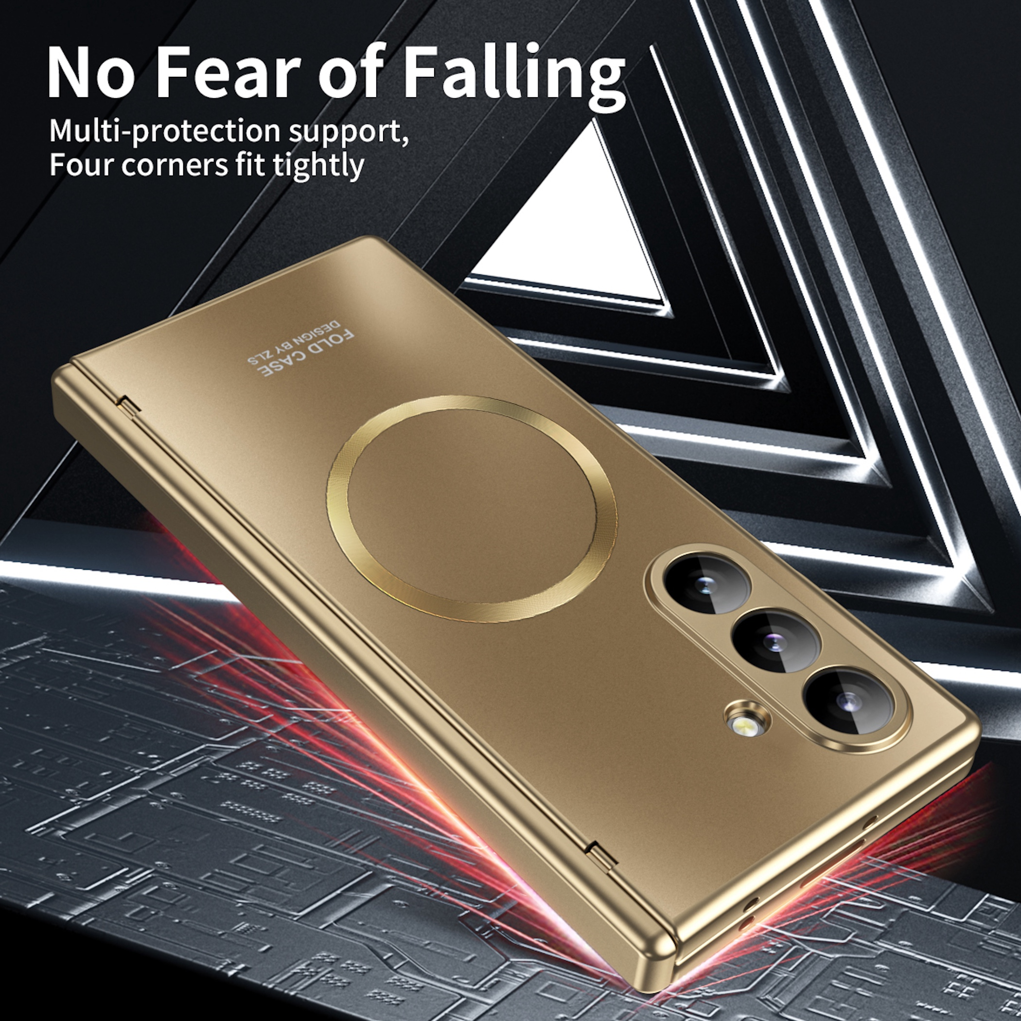 Funda dorada para teléfono con tres cámaras y anillo sobre fondo oscuro.