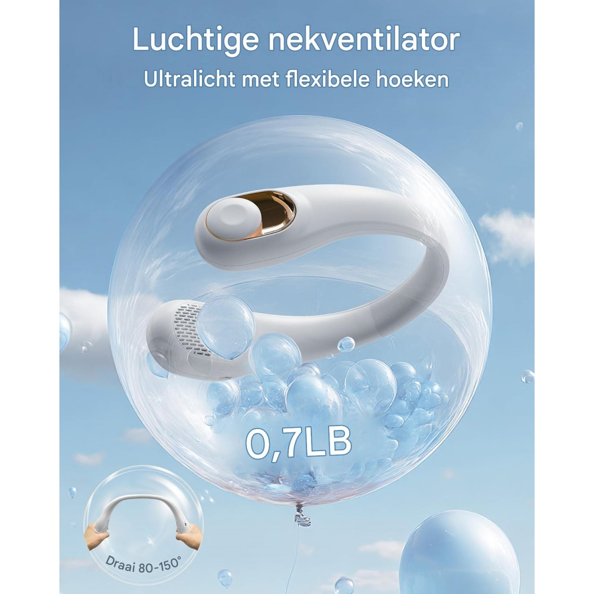Ein weißer Nackenventilator mit goldenen Akzenten, in einer Blase schwebend.