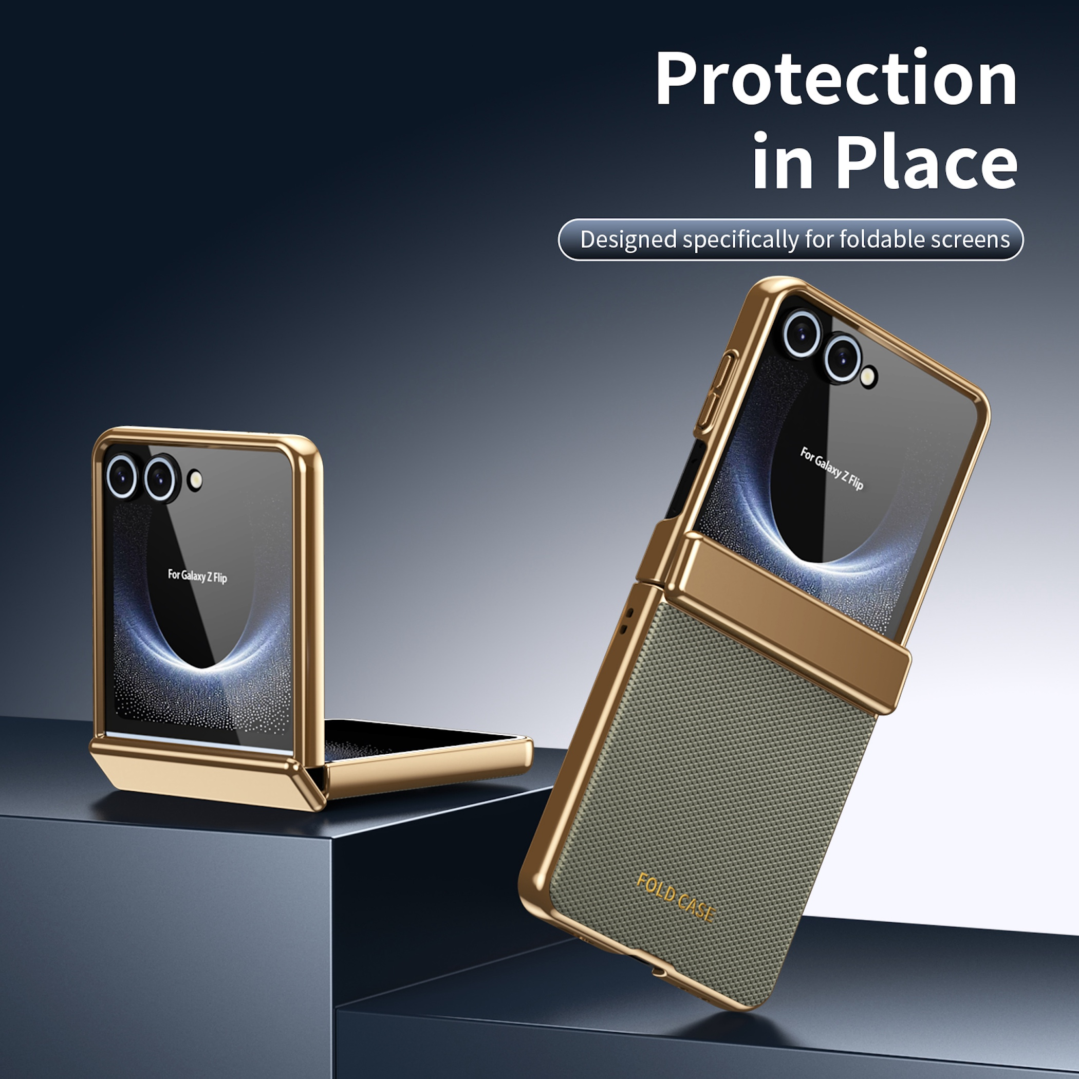 Funda dorada para teléfonos plegables, sobre fondo oscuro.