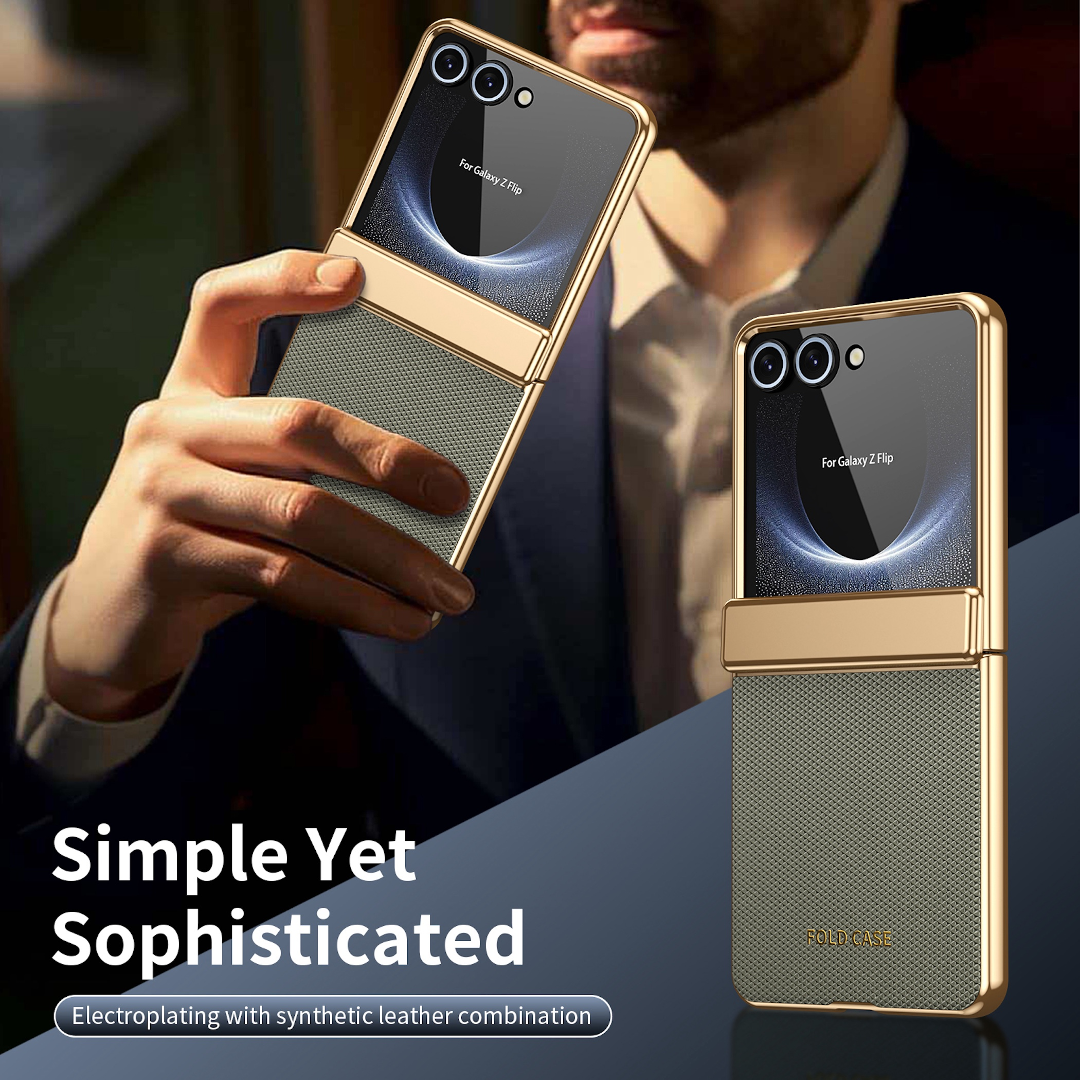 Una funda dorada para teléfono plegable con tela y cámaras detrás.
