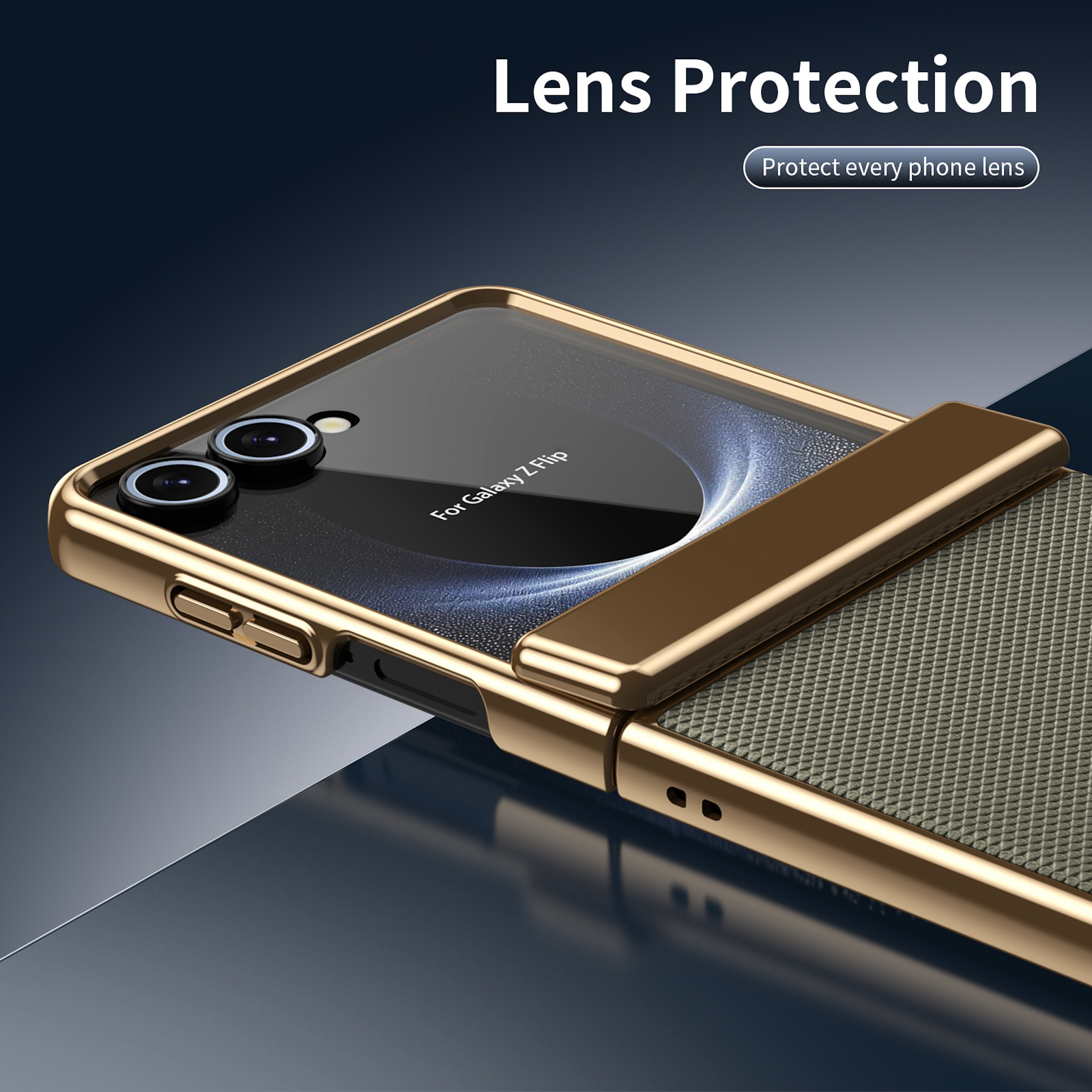 Funda dorada protege lentes de cámara. Texto: Protección de lente.