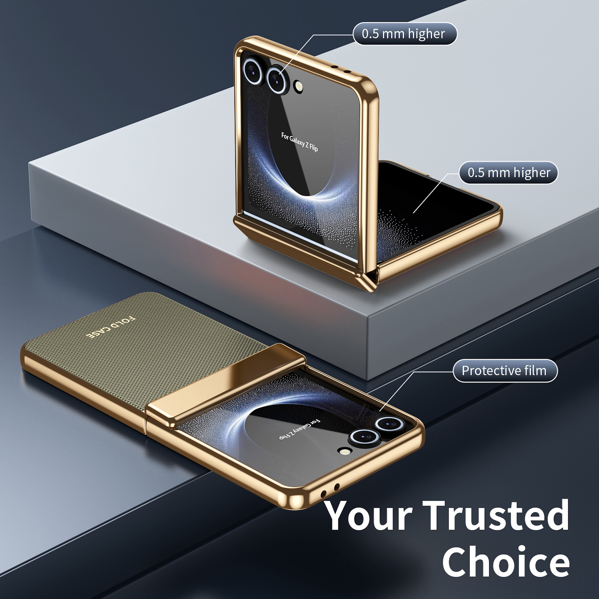 Funda dorada para teléfono plegable con cámaras, 0,5 mm más alta.