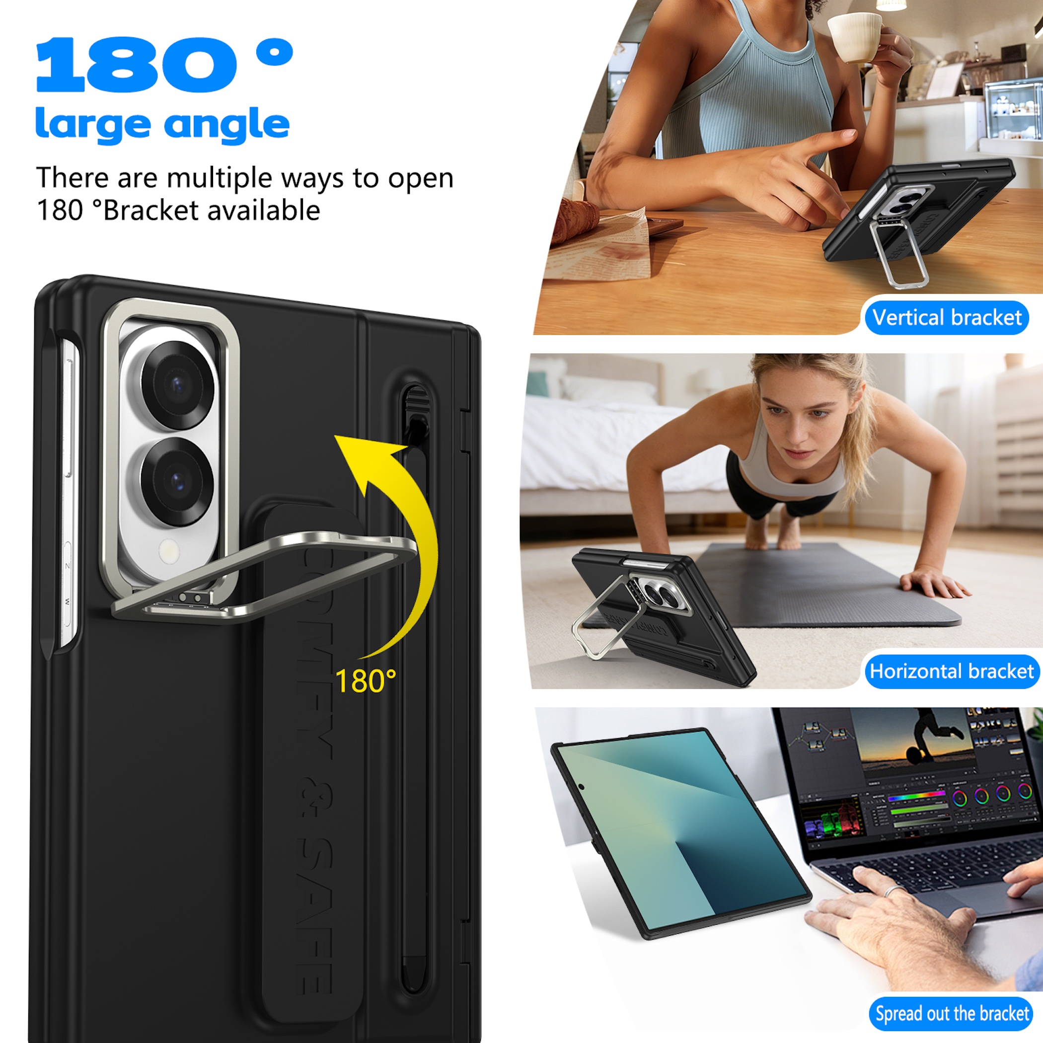 Schwarze Handyhülle mit 180°-Klammer in verschiedenen Positionen.