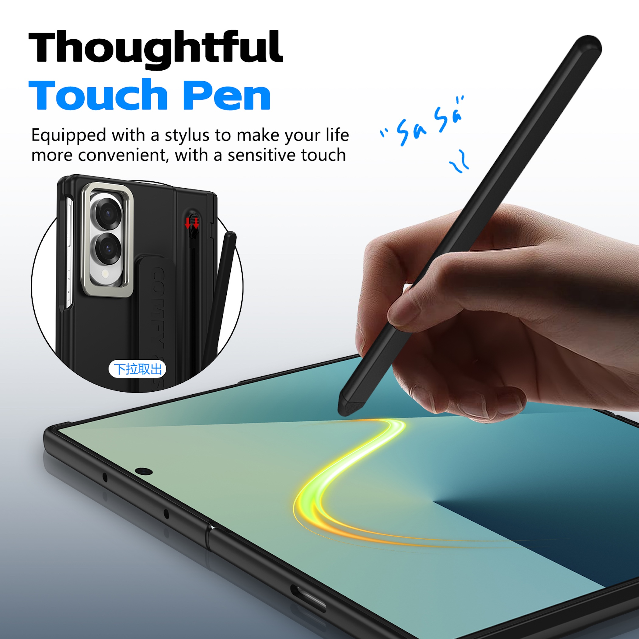 Eine Hand benutzt einen schwarzen Stift auf einem Tablet.