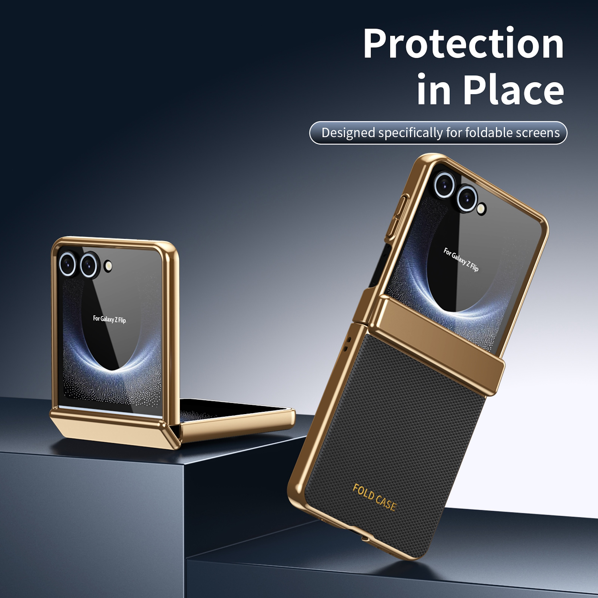 Funda dorada para teléfono plegable, sobre fondo oscuro.