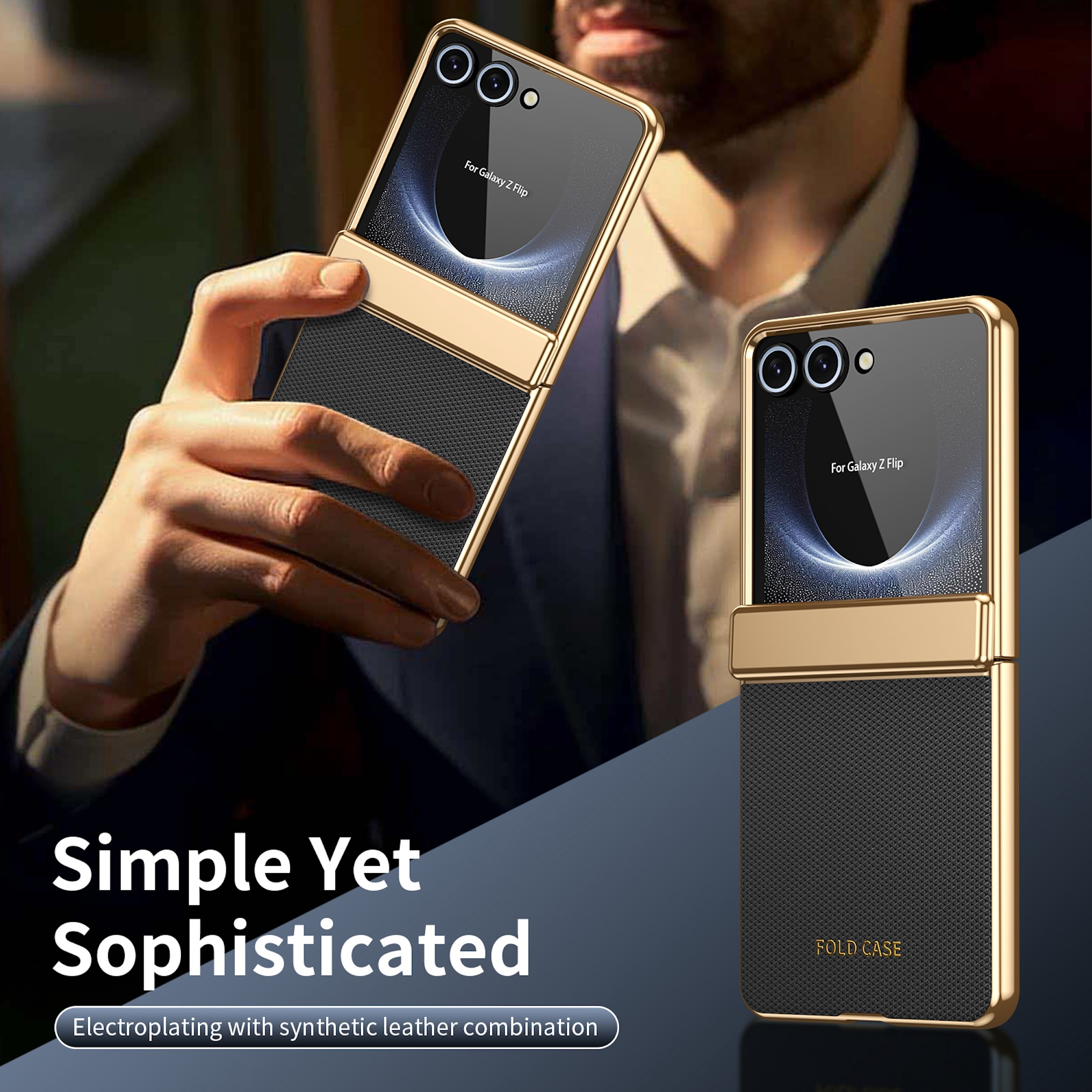 Funda plegable dorada para Galaxy Z Flip, sujeta por una mano.