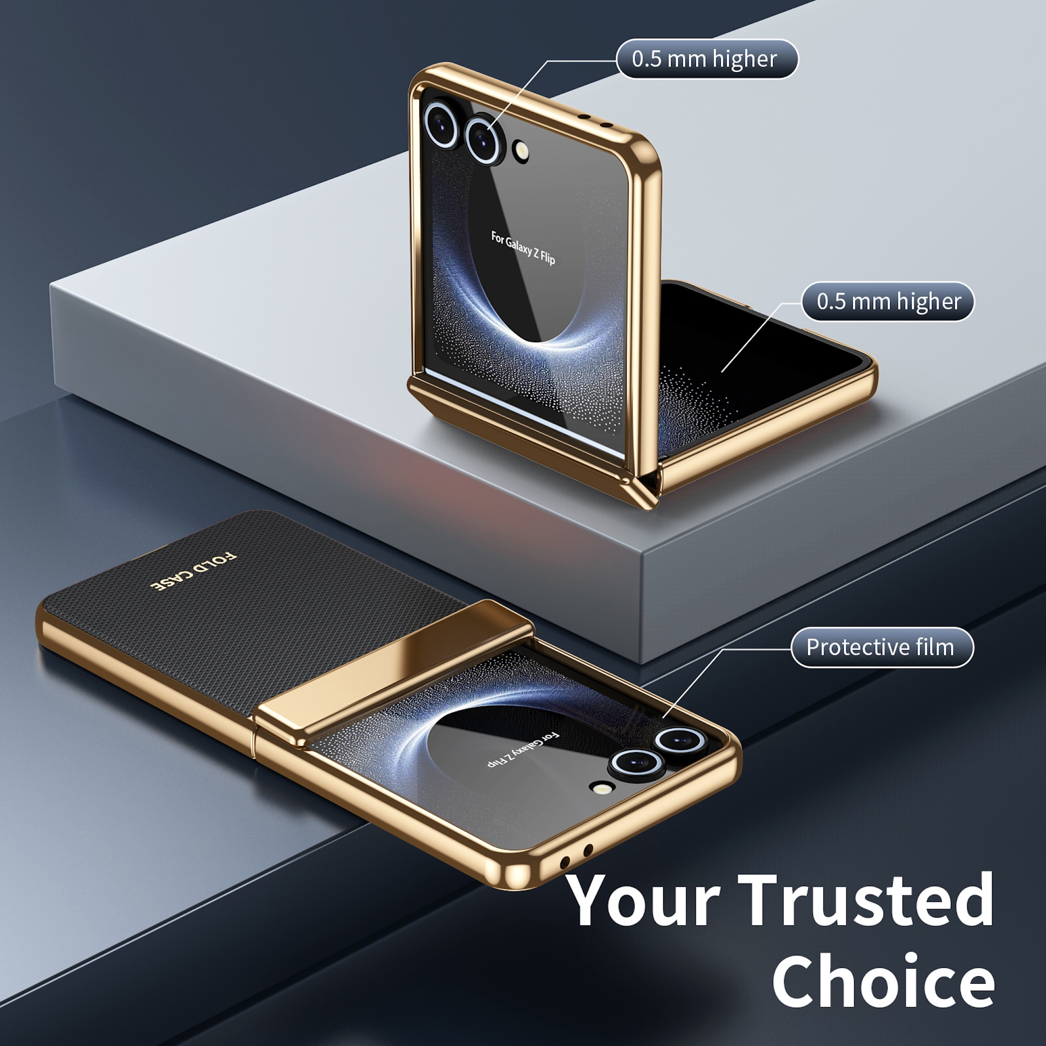 Funda dorada para Galaxy Z Flip, abierta y cerrada sobre fondo oscuro.
