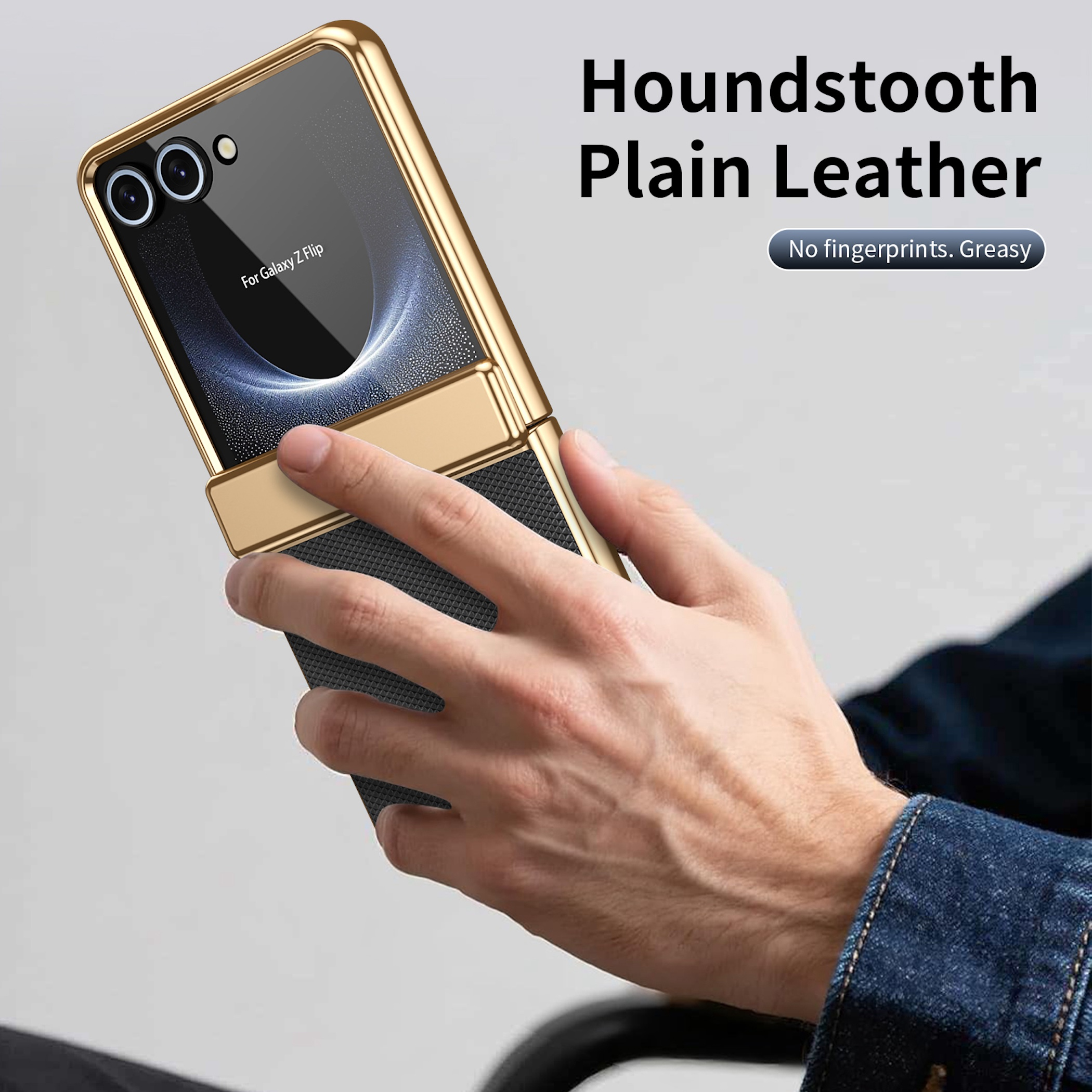 Funda dorada para Galaxy Z Flip con patrón de pata de gallo y cuero.