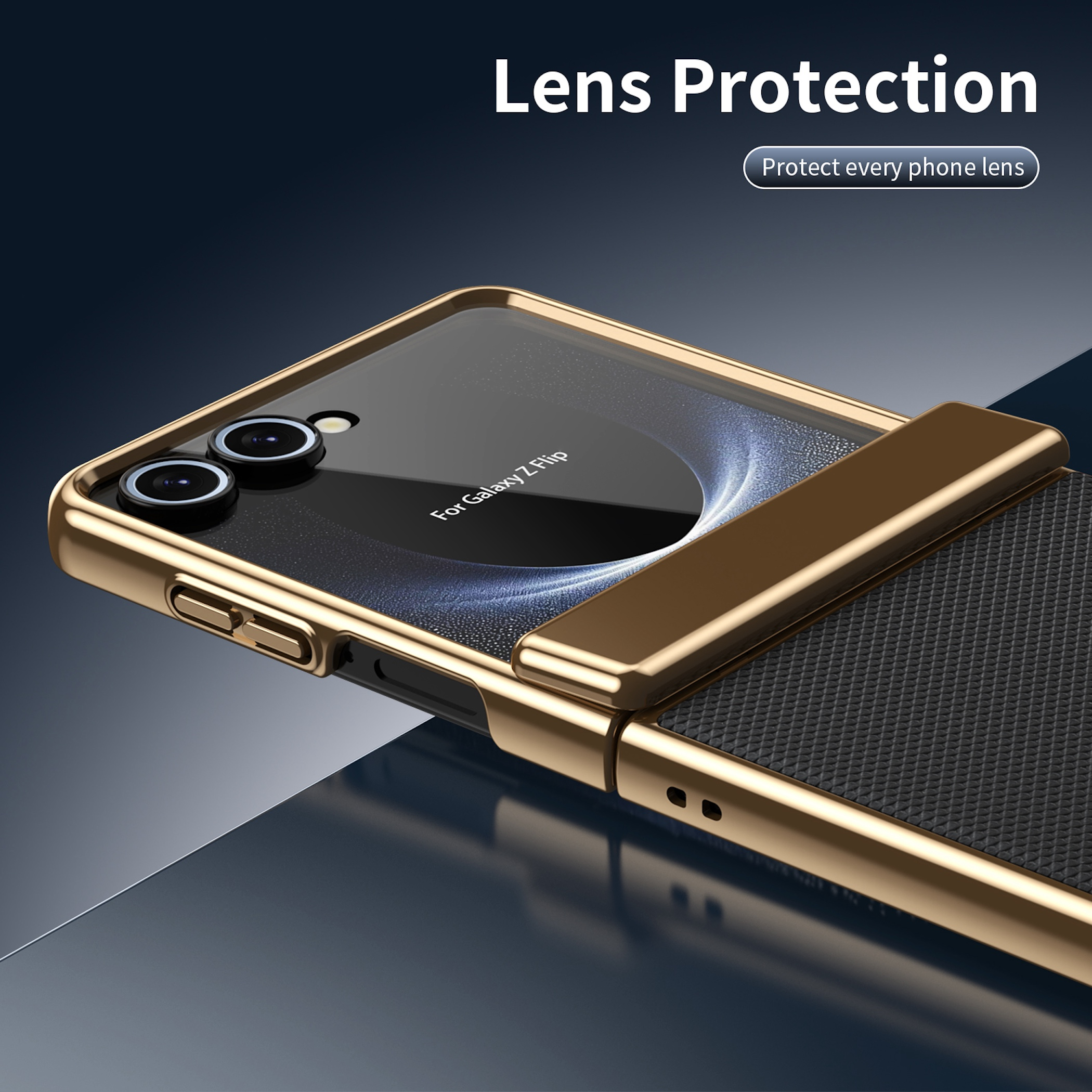 Funda dorada para Galaxy Z Flip con protección de lente y parte trasera texturizada.