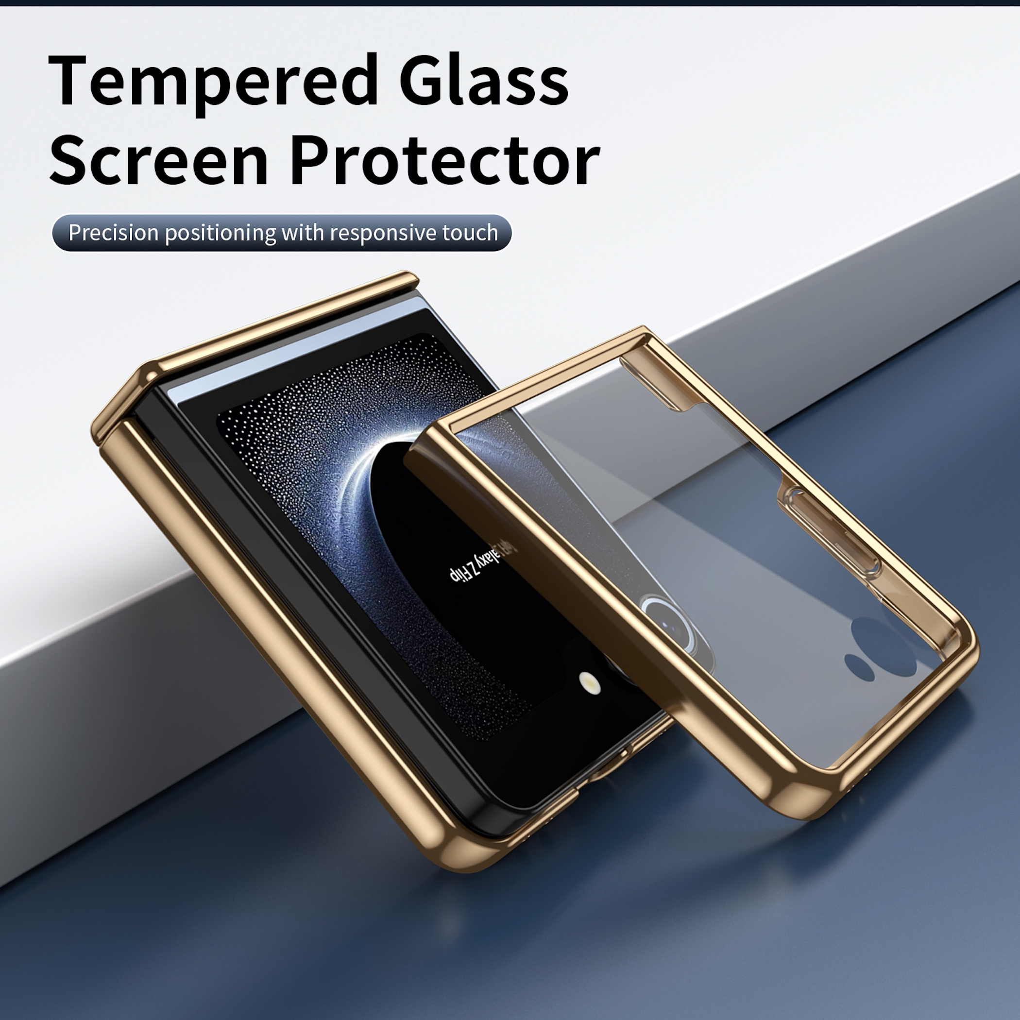 Marco dorado de un teléfono plegable con protector de pantalla.