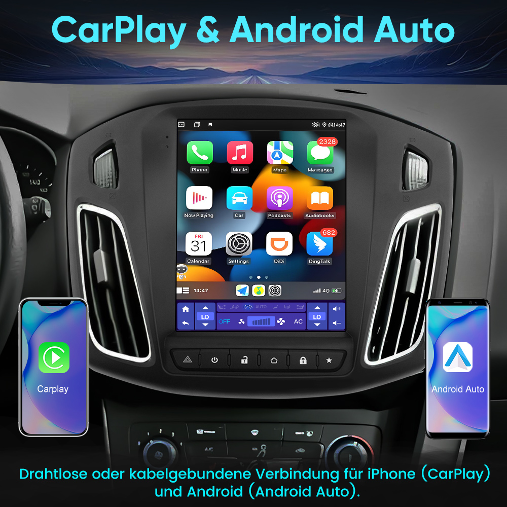 Auto-Infotainmentsystem zeigt CarPlay und Android Auto auf dem Bildschirm