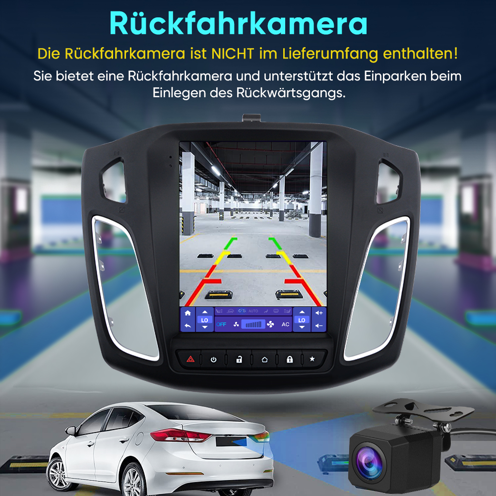 Ein Autoradio zeigt eine Rückfahrkameraansicht einer Parkgarage.
